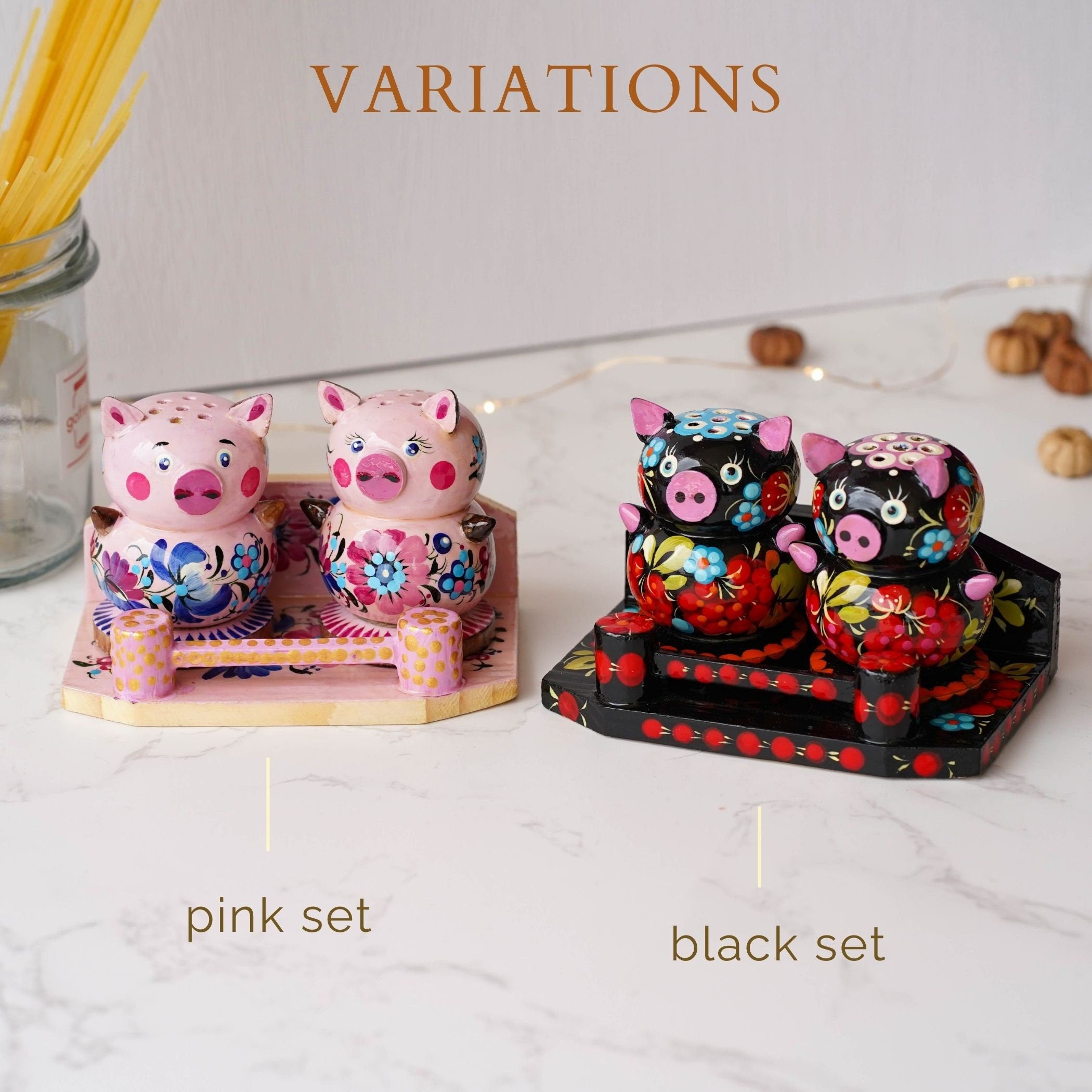 Wooden Salt & Pepper Shakers on Stand Set, Hand-painted Pink Flower Pigs Shakers with Petrykivka Art - Wall/Countertop Rack, Tight-Seal Lids