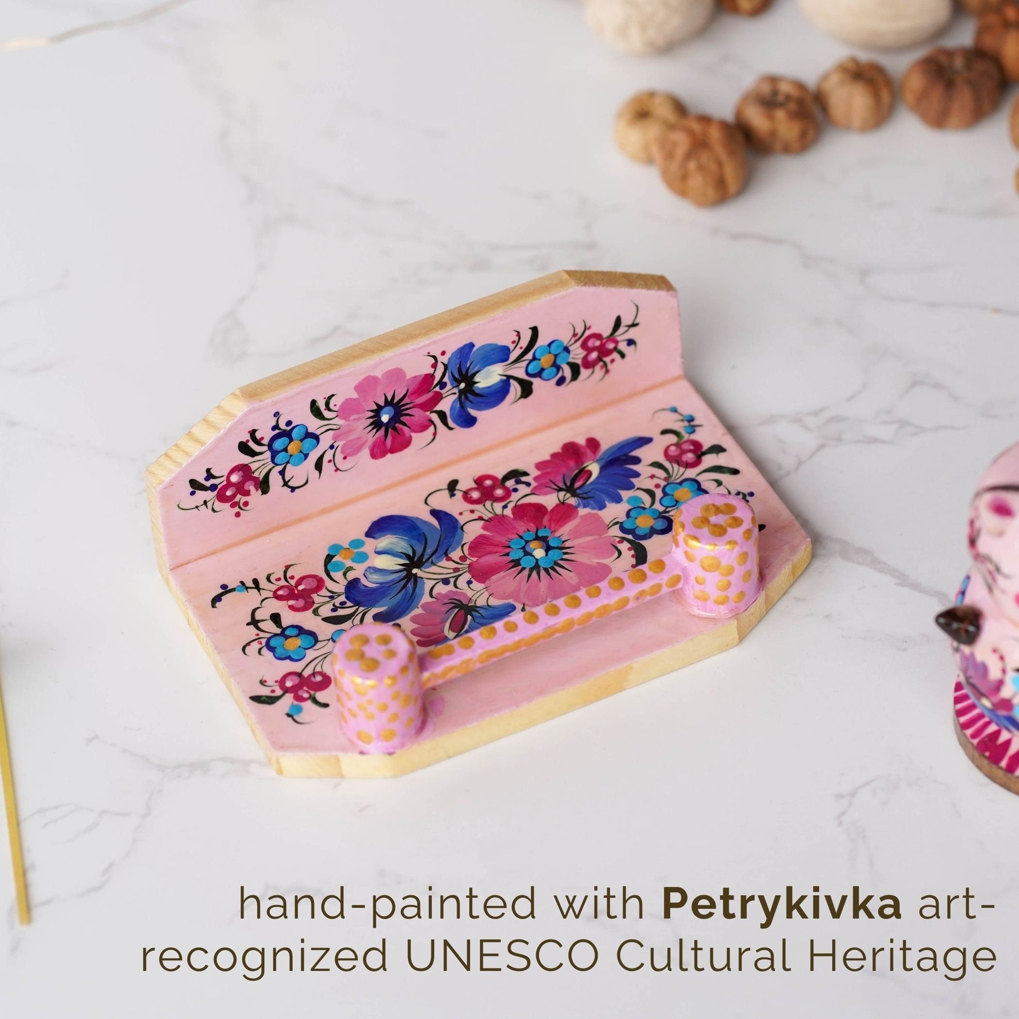 Wooden Salt & Pepper Shakers on Stand Set, Hand-painted Pink Flower Pigs Shakers with Petrykivka Art - Wall/Countertop Rack, Tight-Seal Lids