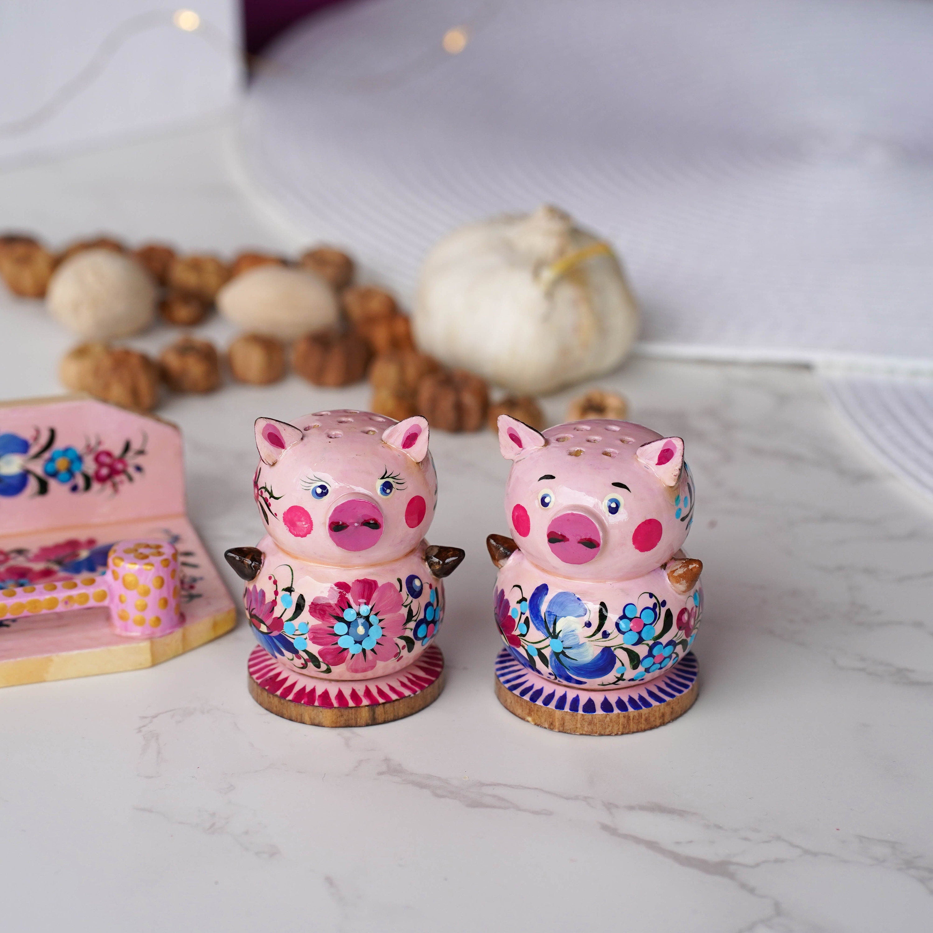 Wooden Salt & Pepper Shakers on Stand Set, Hand-painted Pink Flower Pigs Shakers with Petrykivka Art - Wall/Countertop Rack, Tight-Seal Lids