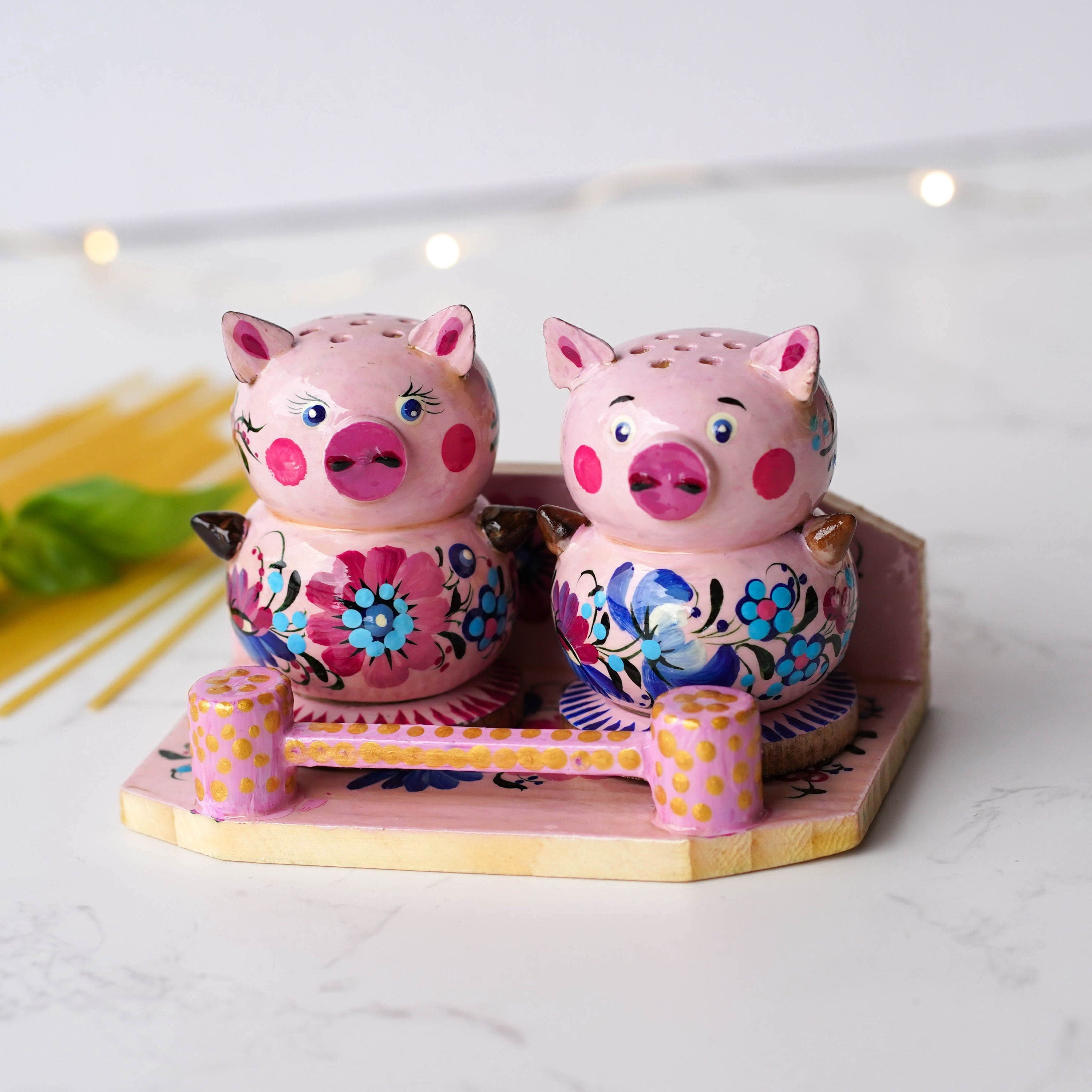 Wooden Salt & Pepper Shakers on Stand Set, Hand-painted Pink Flower Pigs Shakers with Petrykivka Art - Wall/Countertop Rack, Tight-Seal Lids