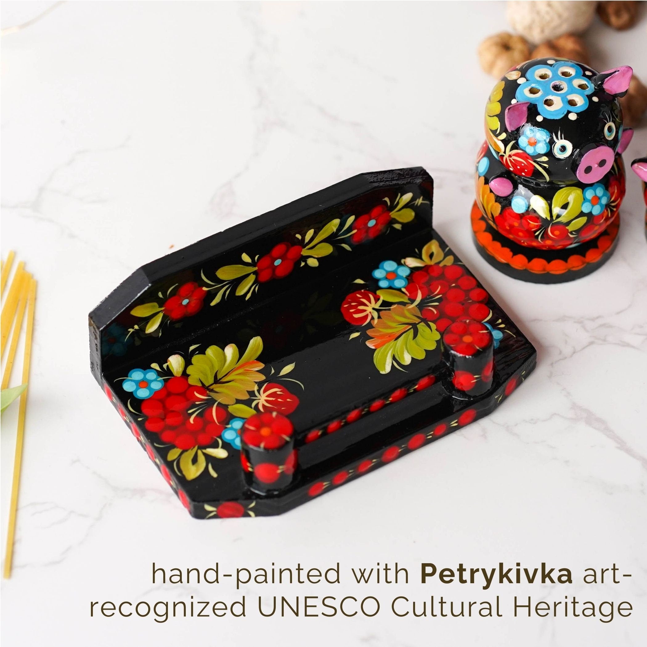 Wooden Salt & Pepper Shakers on Stand Set, Hand-painted Red Flower Pigs Shakers with Petrykivka Art - Wall/Countertop Rack, Tight-Seal Lids