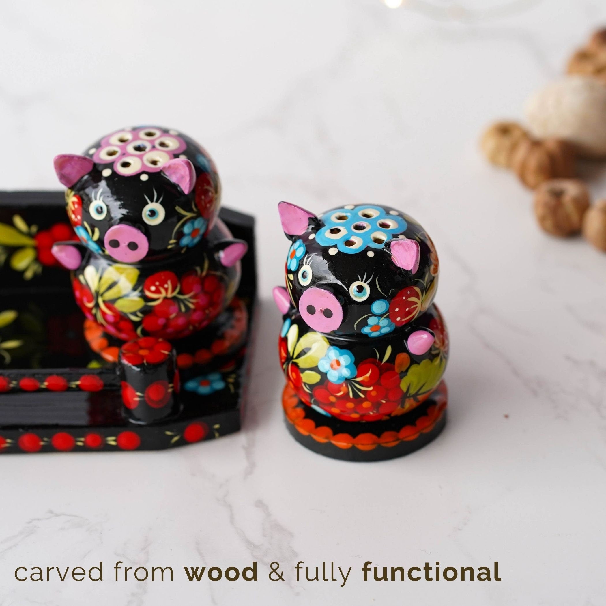 Wooden Salt & Pepper Shakers on Stand Set, Hand-painted Red Flower Pigs Shakers with Petrykivka Art - Wall/Countertop Rack, Tight-Seal Lids