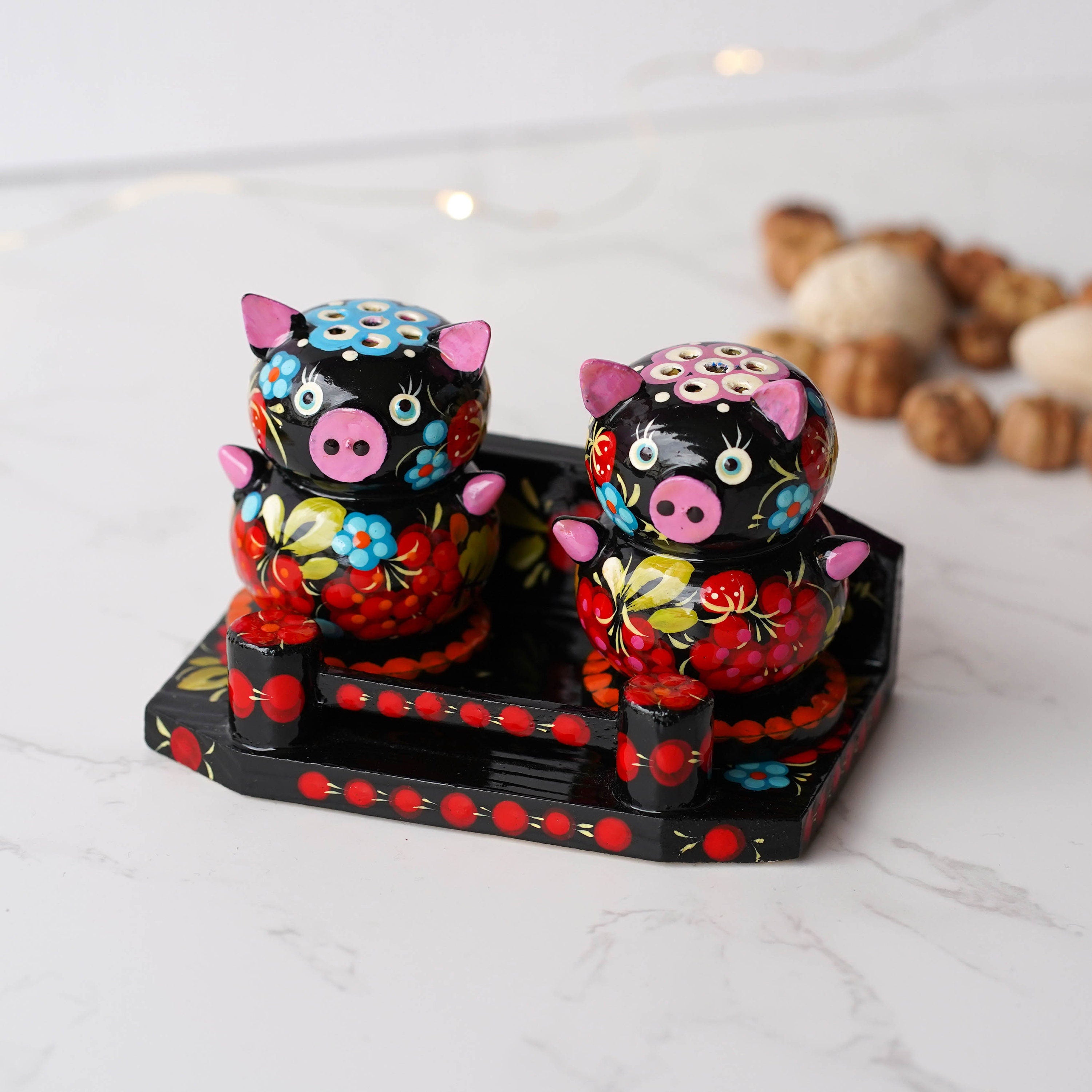 Wooden Salt & Pepper Shakers on Stand Set, Hand-painted Red Flower Pigs Shakers with Petrykivka Art - Wall/Countertop Rack, Tight-Seal Lids