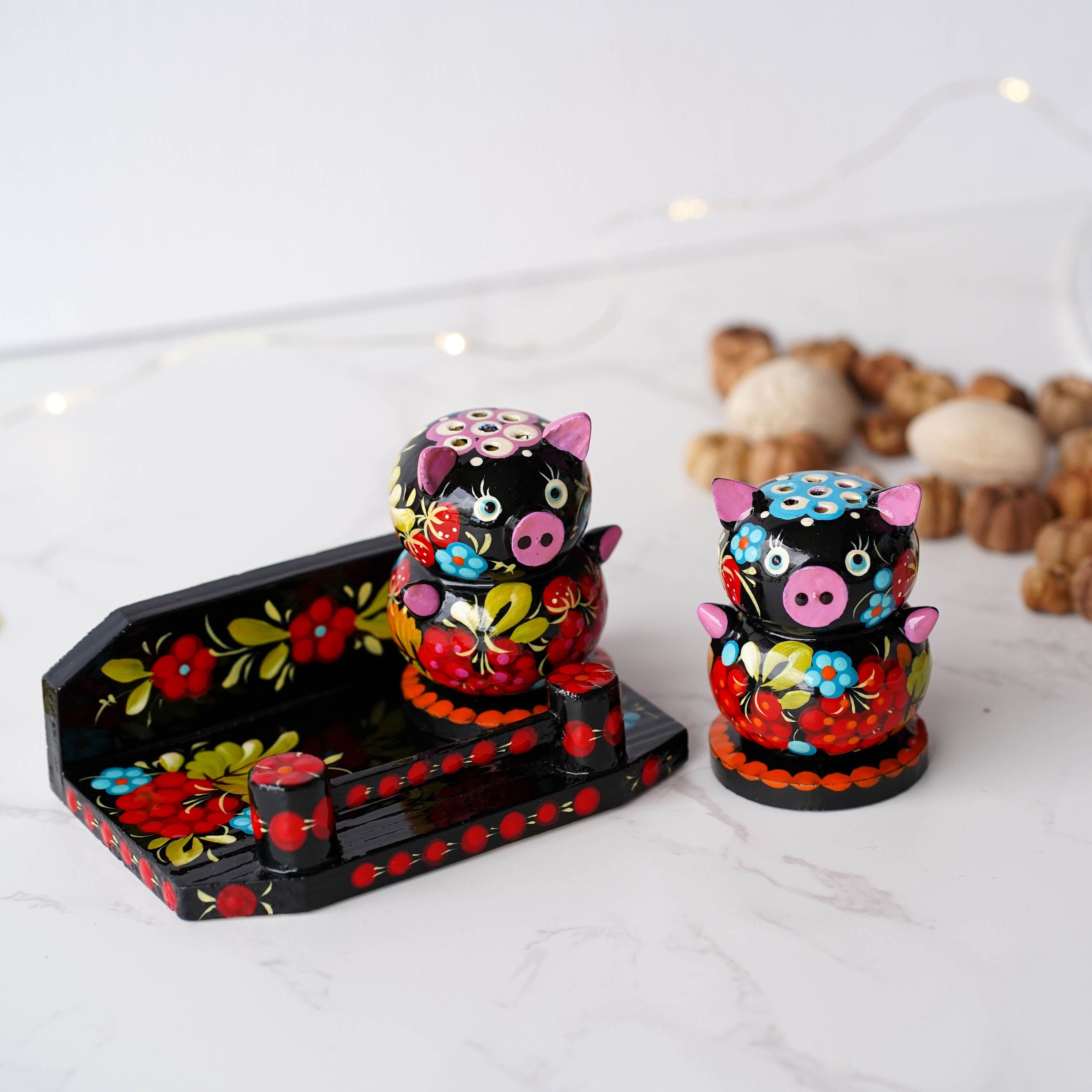 Wooden Salt & Pepper Shakers on Stand Set, Hand-painted Red Flower Pigs Shakers with Petrykivka Art - Wall/Countertop Rack, Tight-Seal Lids