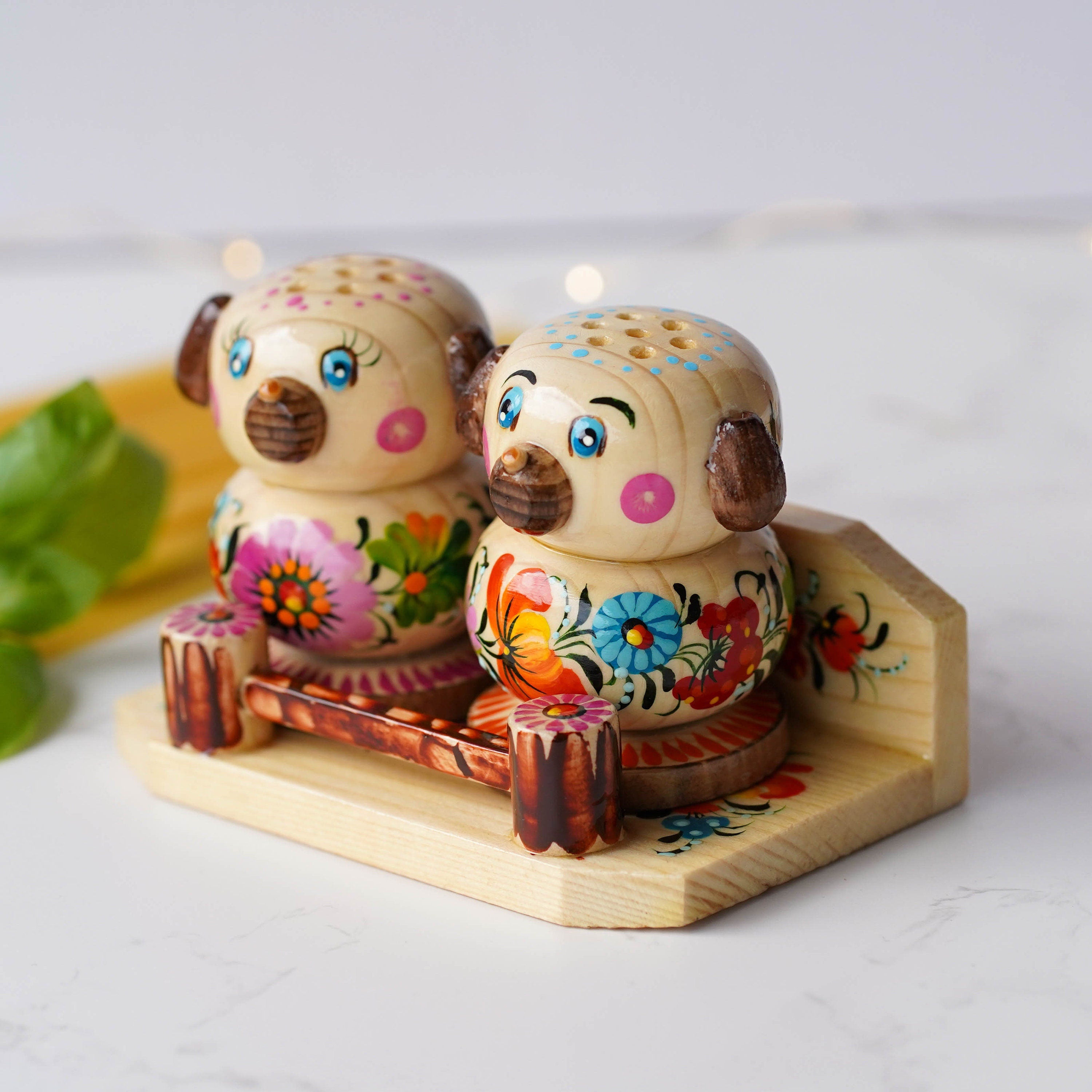 Wooden Salt & Pepper Shakers on Stand Set, Hand-painted Dog-shaped Shakers with Petrykivka Art - Wall/Countertop Rack, Tight-Seal Lids