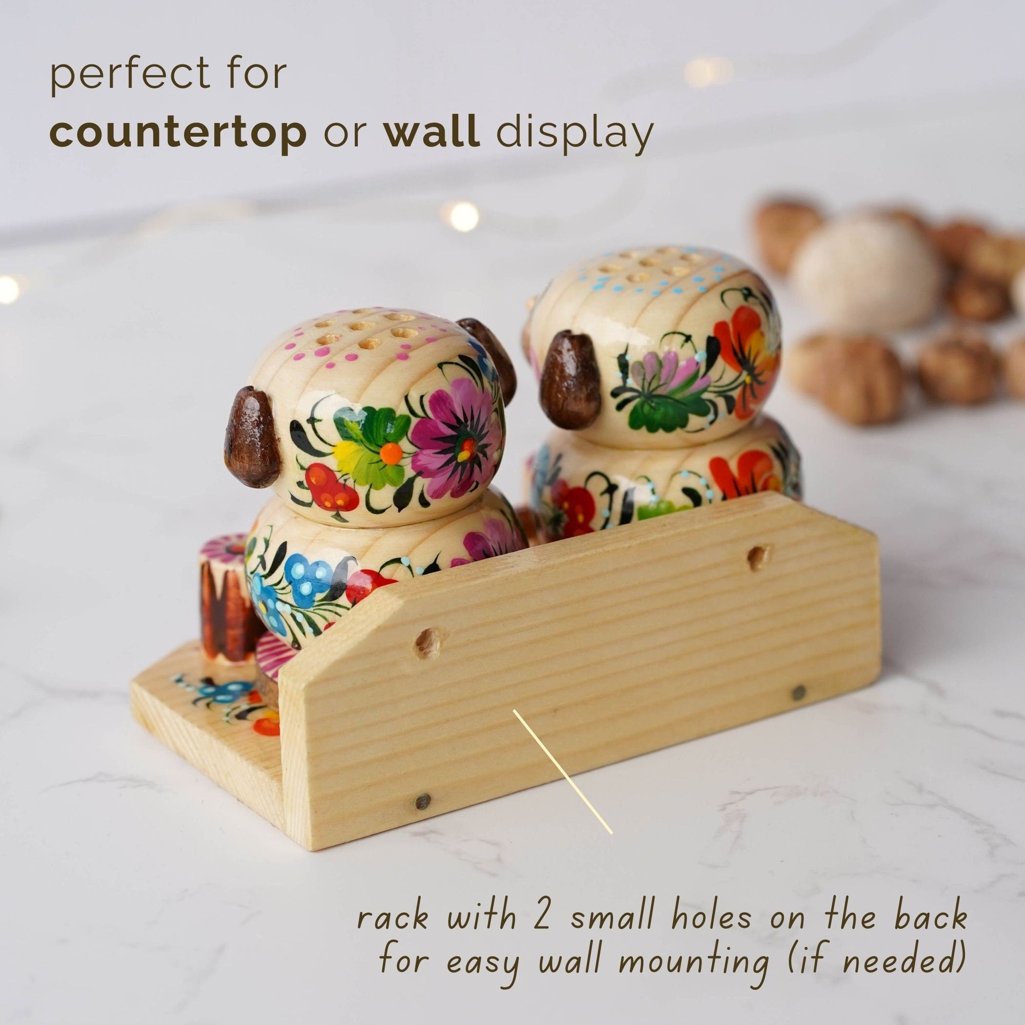 Wooden Salt & Pepper Shakers on Stand Set, Hand-painted Dog-shaped Shakers with Petrykivka Art - Wall/Countertop Rack, Tight-Seal Lids