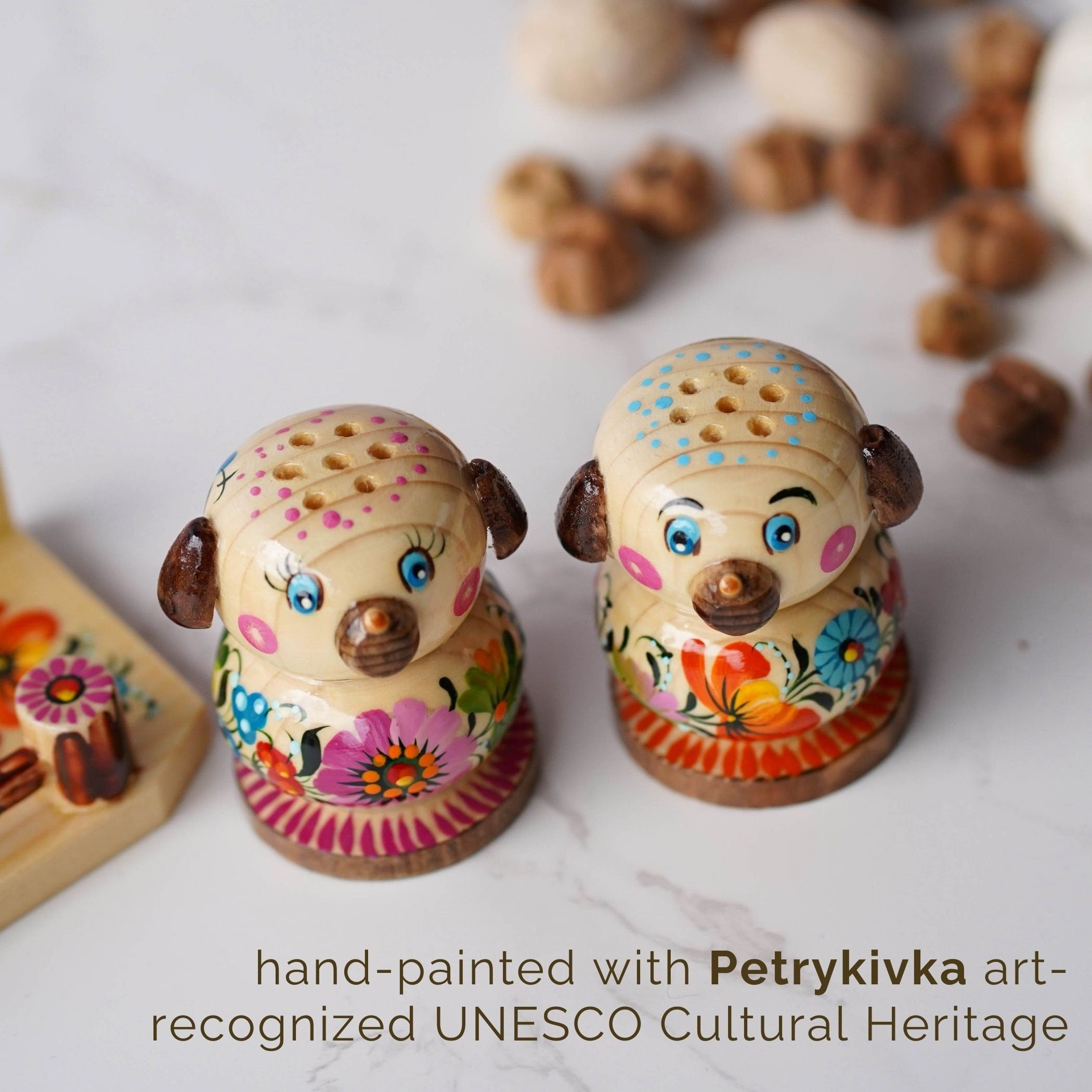 Wooden Salt & Pepper Shakers on Stand Set, Hand-painted Dog-shaped Shakers with Petrykivka Art - Wall/Countertop Rack, Tight-Seal Lids