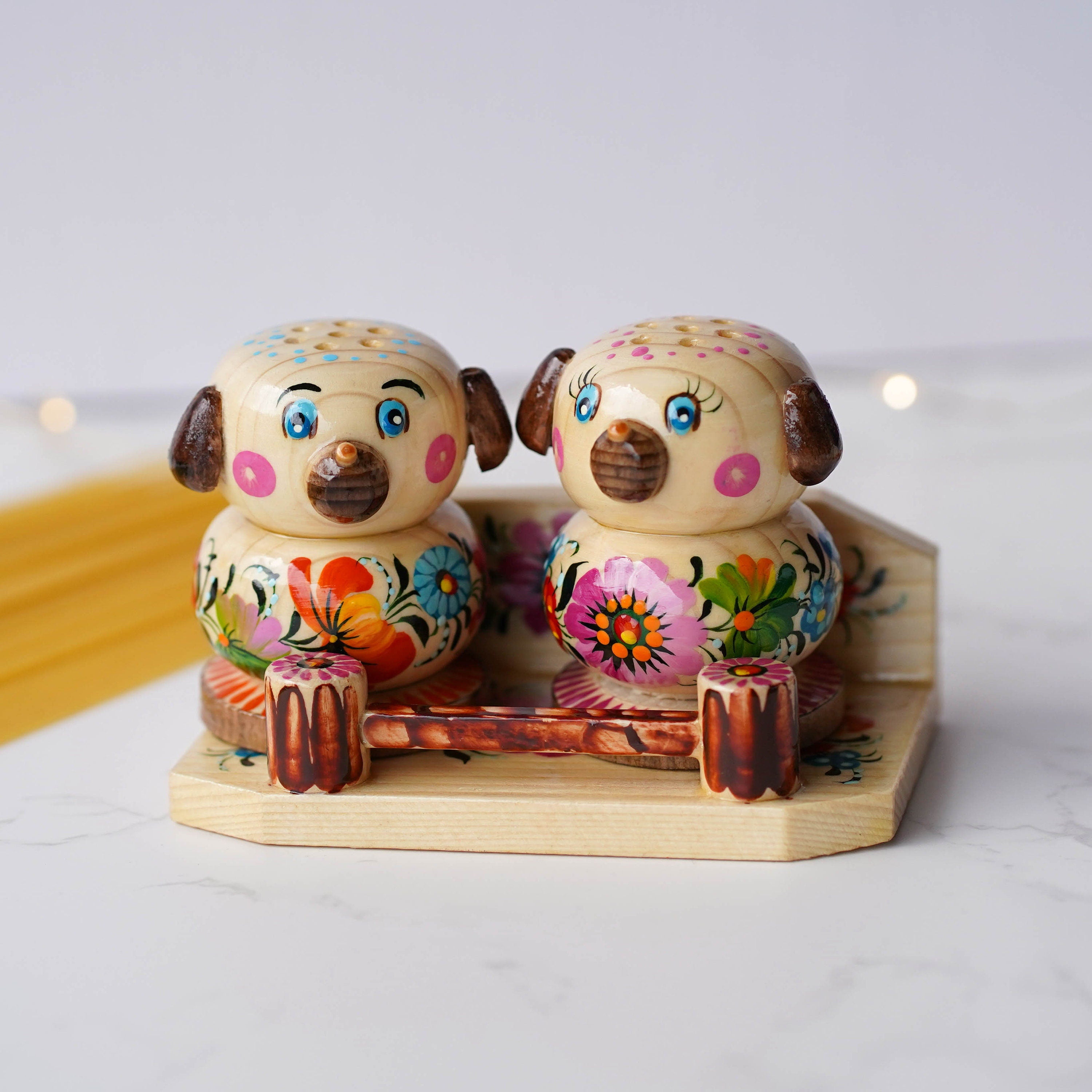 Wooden Salt & Pepper Shakers on Stand Set, Hand-painted Dog-shaped Shakers with Petrykivka Art - Wall/Countertop Rack, Tight-Seal Lids