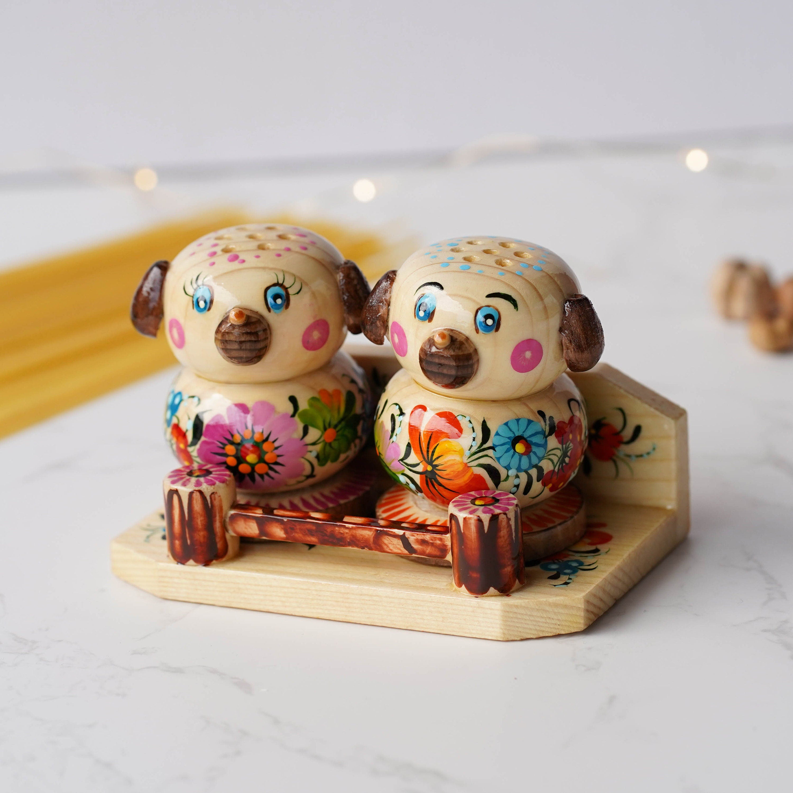 Wooden Salt & Pepper Shakers on Stand Set, Hand-painted Dog-shaped Shakers with Petrykivka Art - Wall/Countertop Rack, Tight-Seal Lids