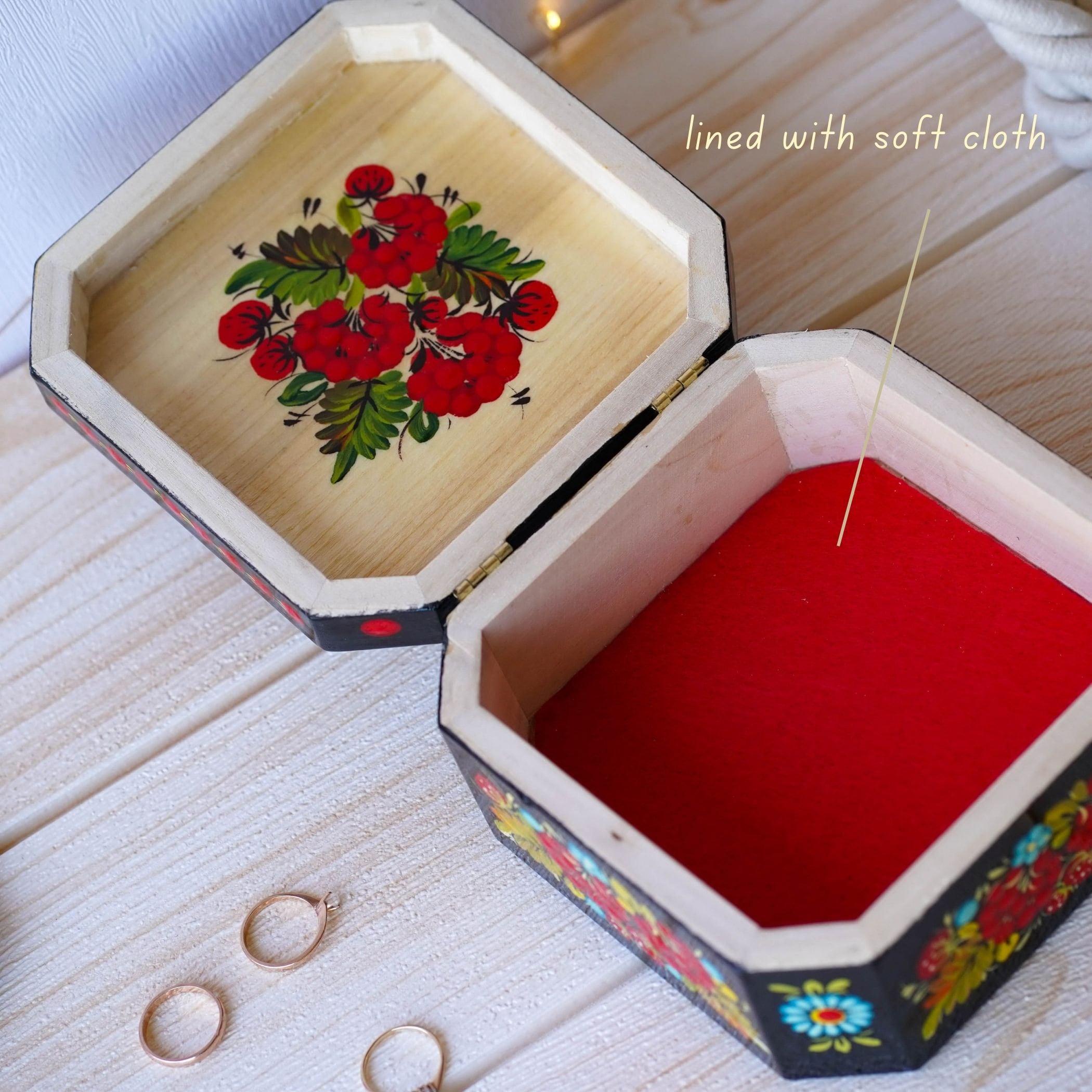 Hand-painted Wooden Keepsake Box - Personalized Red Flower Treasure Chest, Ukrainian Petrykivka Art Jewelry Box with Soft Cloth Lining