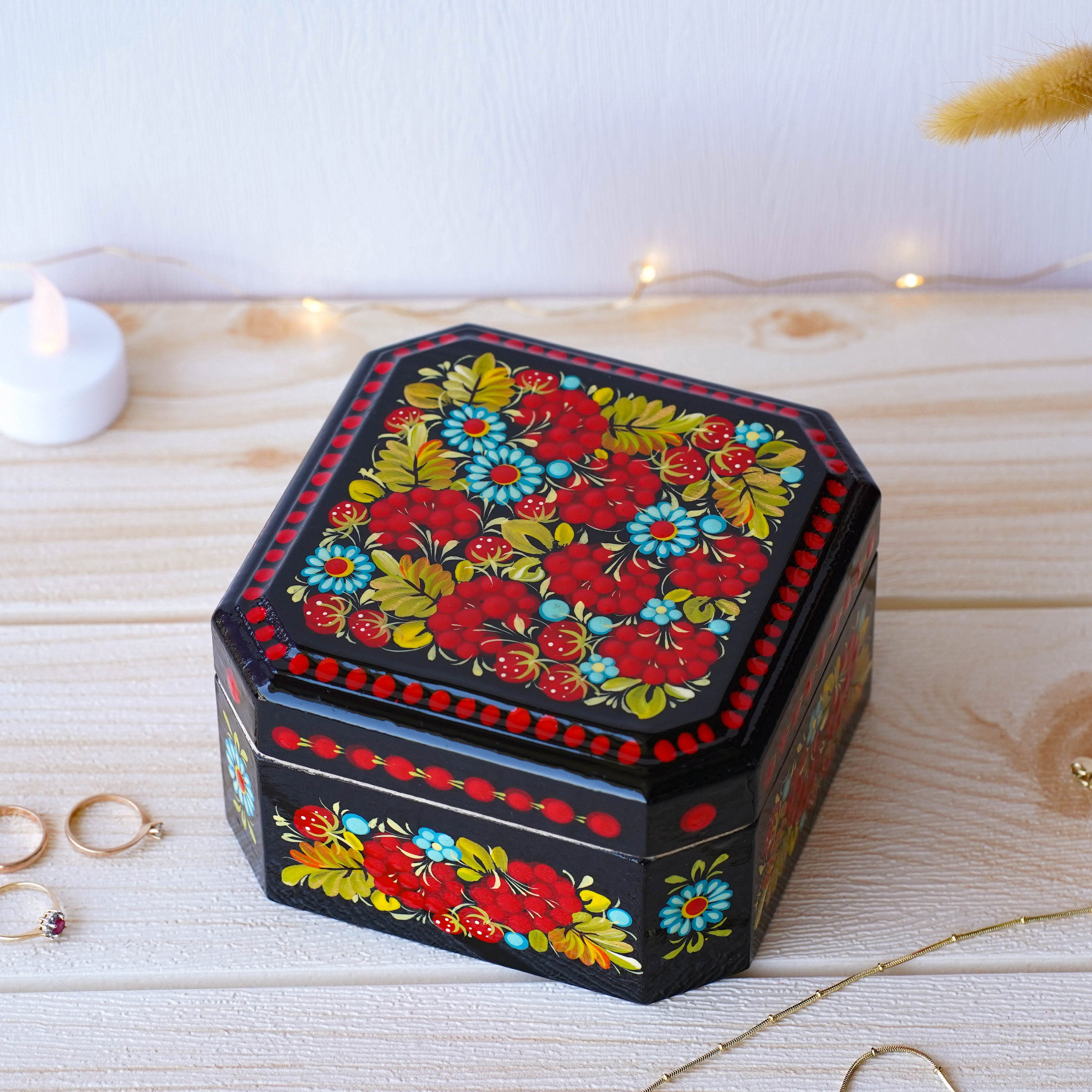 Hand-painted Wooden Keepsake Box - Personalized Red Flower Treasure Chest, Ukrainian Petrykivka Art Jewelry Box with Soft Cloth Lining