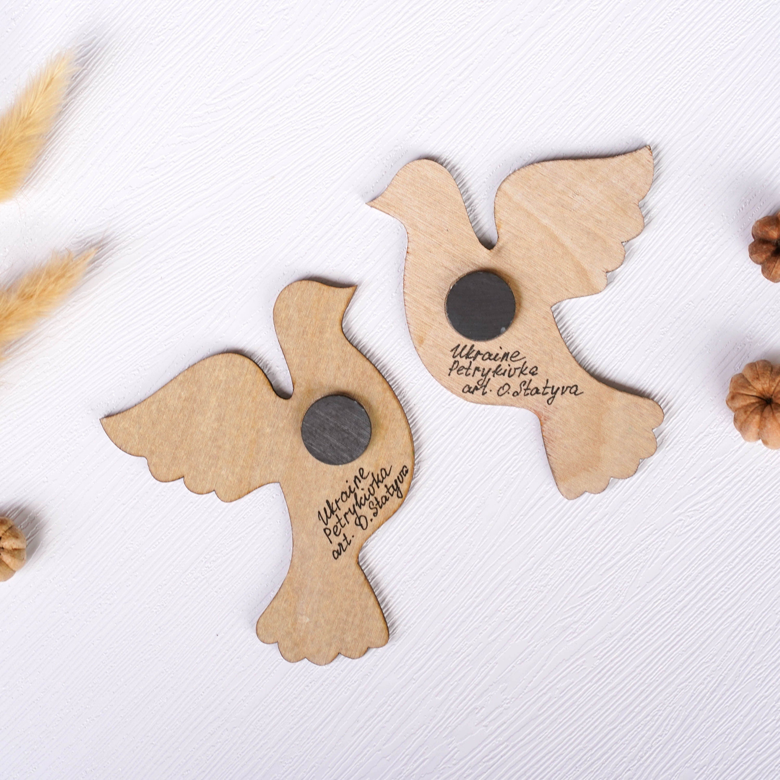 Painted Wooden Dove Fridge Magnets - Ukrainian Petrykivka Pigeon Bird Magnets