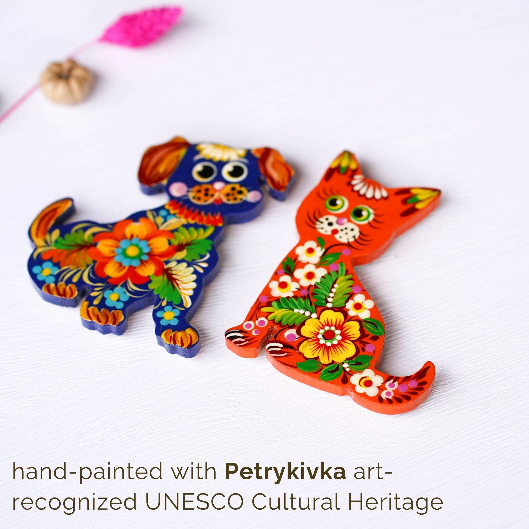 Painted Wooden Fridge Magnet, Personalized Cat & Dog Petrykivka Magnets, Handmade Ukrainian Animal Magnets, Funny Animal Silhouette Magnets