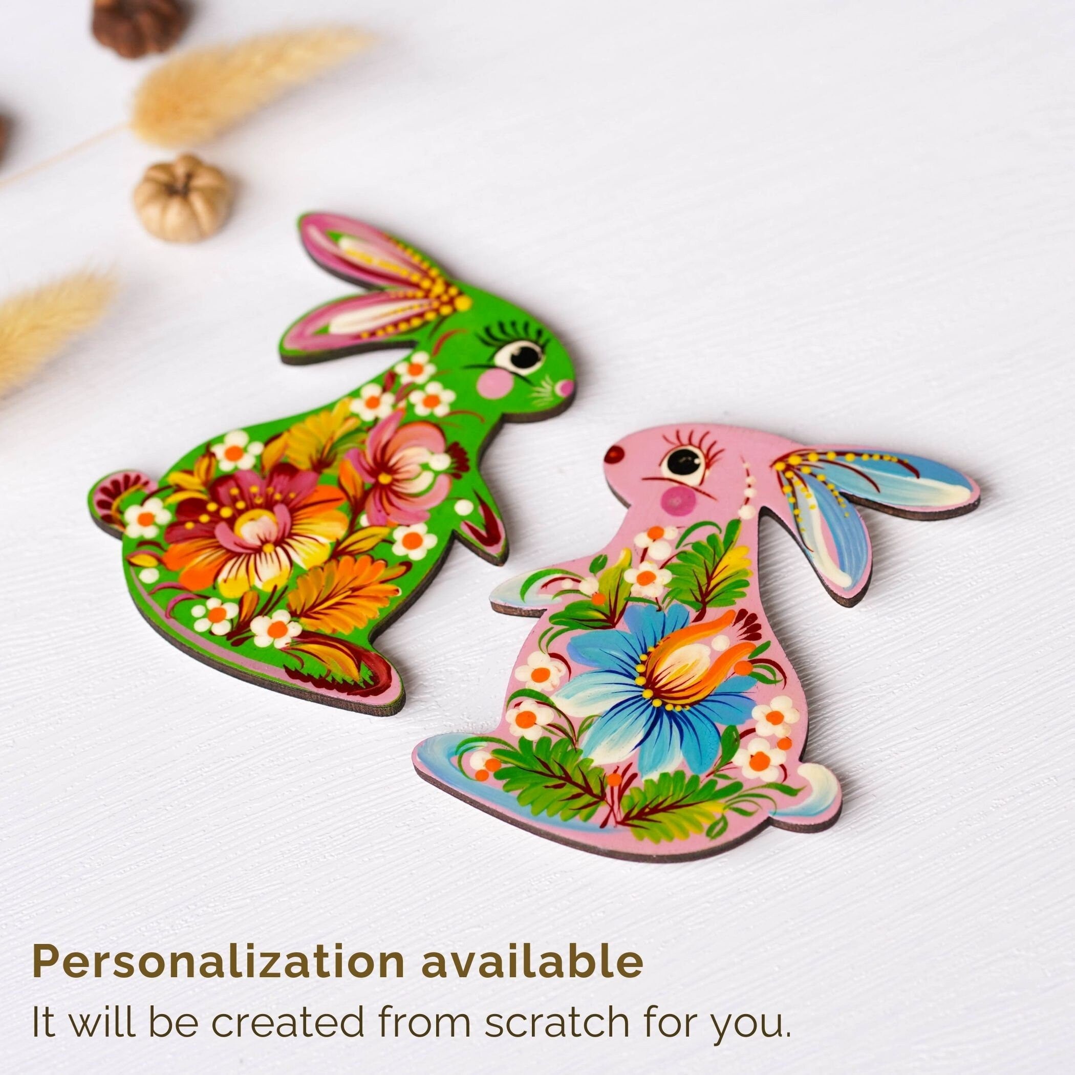 Painted Wooden Bunny Fridge Magnet, Personalized Petrykivka Magnet, Handmade Ukrainian Easter Bunny Decorative Magnet