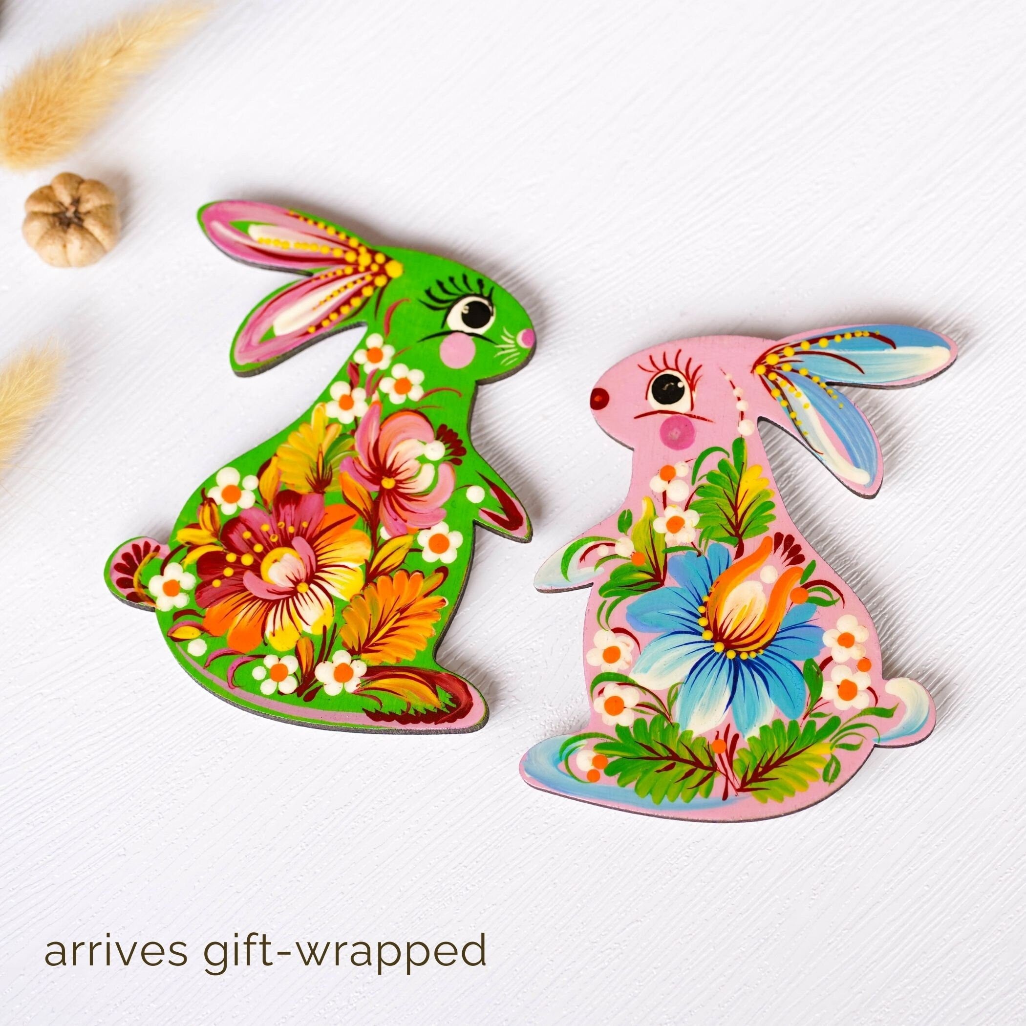 Painted Wooden Bunny Fridge Magnet, Personalized Petrykivka Magnet, Handmade Ukrainian Easter Bunny Decorative Magnet