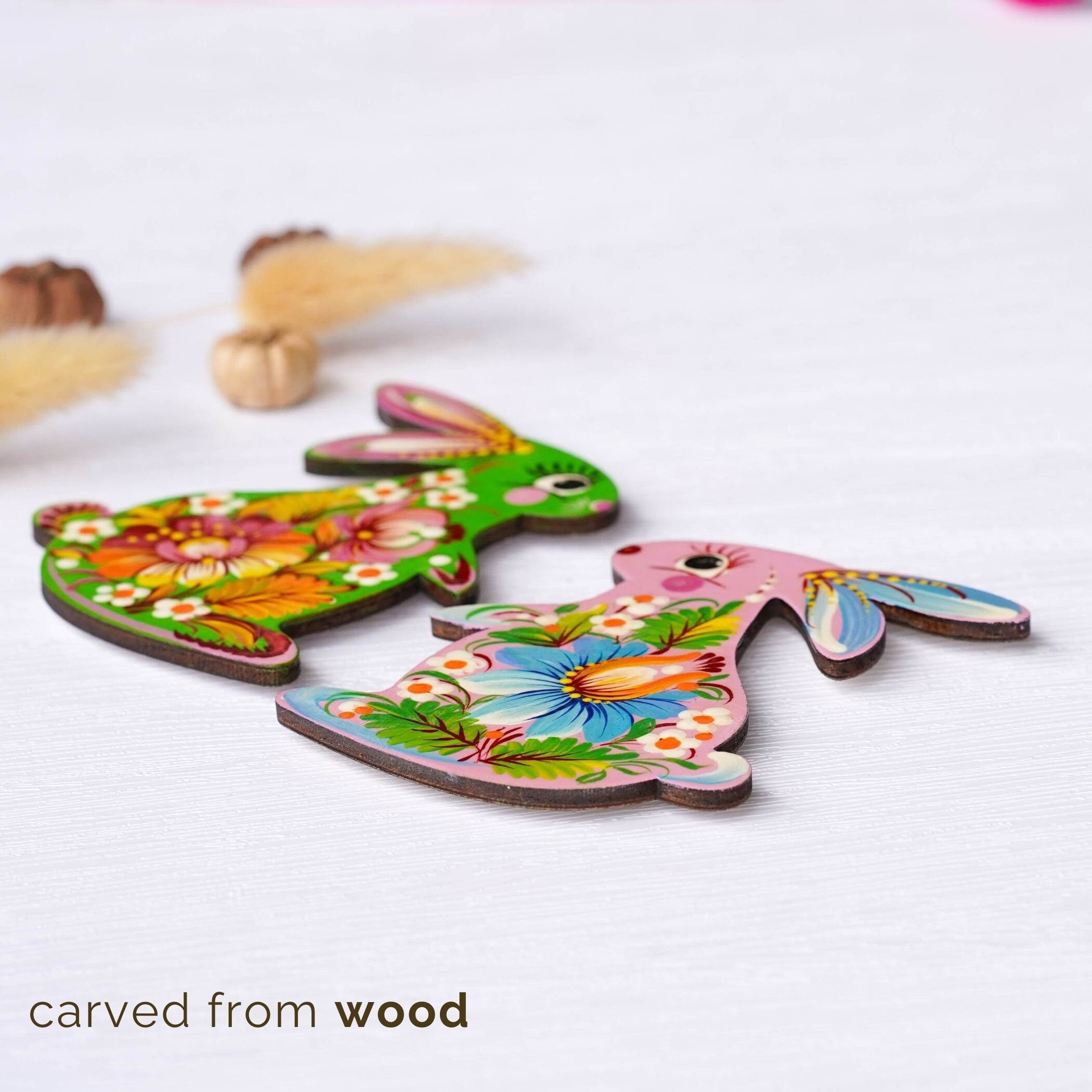 Painted Wooden Bunny Fridge Magnet, Personalized Petrykivka Magnet, Handmade Ukrainian Easter Bunny Decorative Magnet