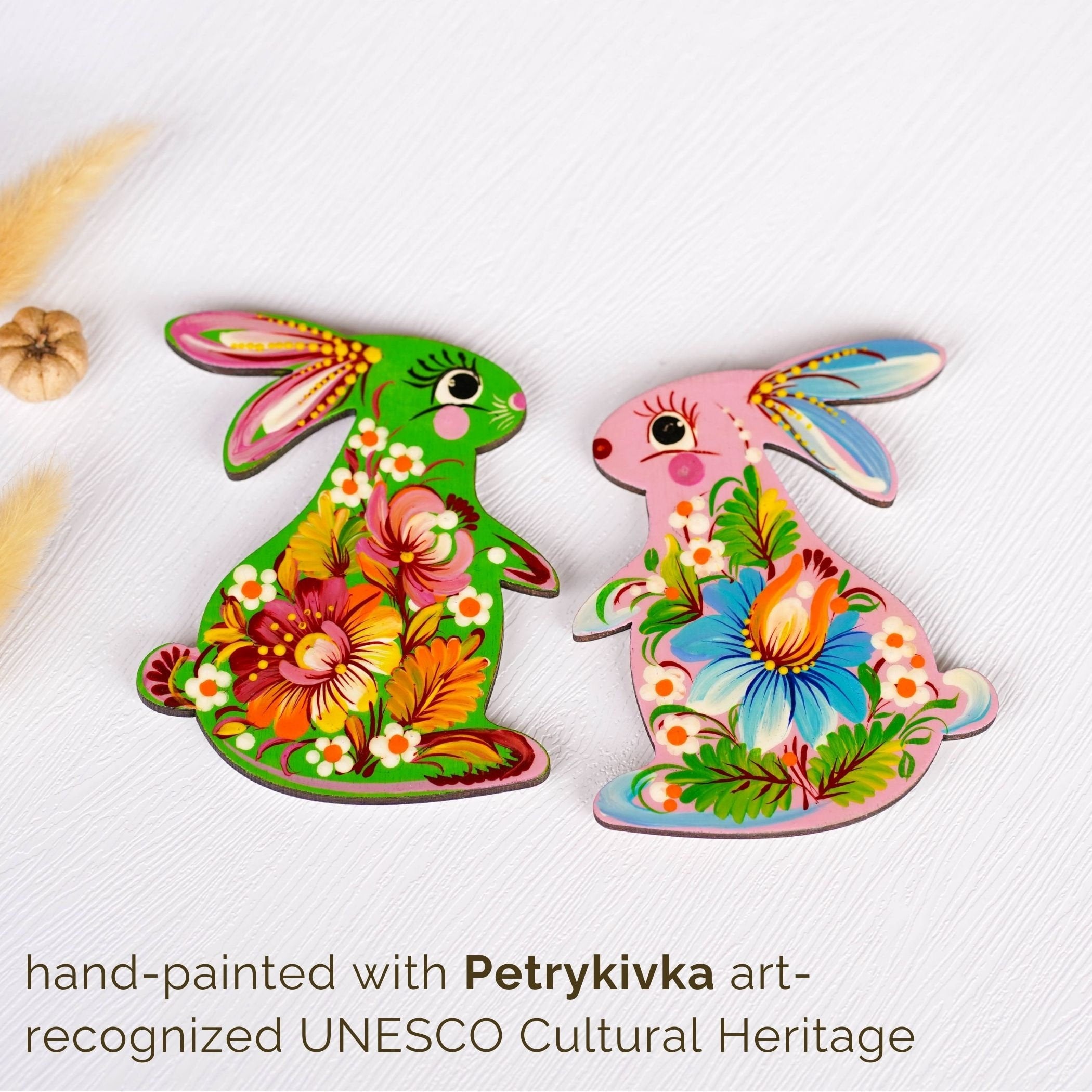 Painted Wooden Bunny Fridge Magnet, Personalized Petrykivka Magnet, Handmade Ukrainian Easter Bunny Decorative Magnet