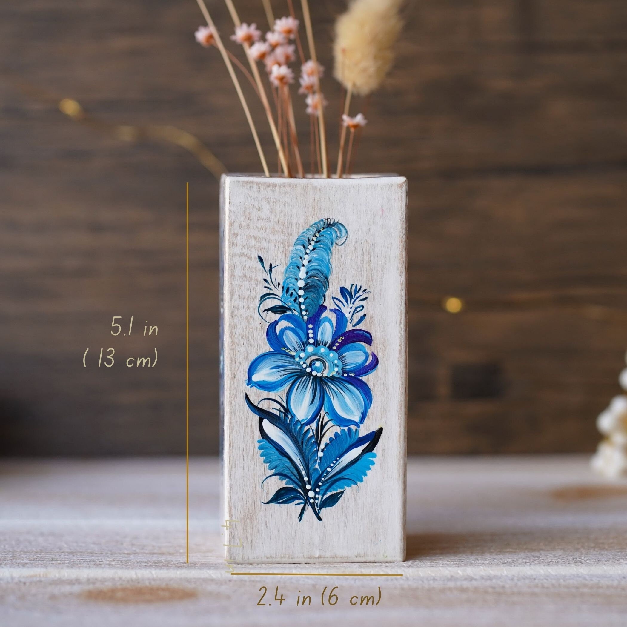 Painted Wooden Vase 5.1 in - Personalized Blue Fairy Bird Vase, Handmade Ukrainian Folk Art Petrykivka Vase, Small Vase for Dried Flowers