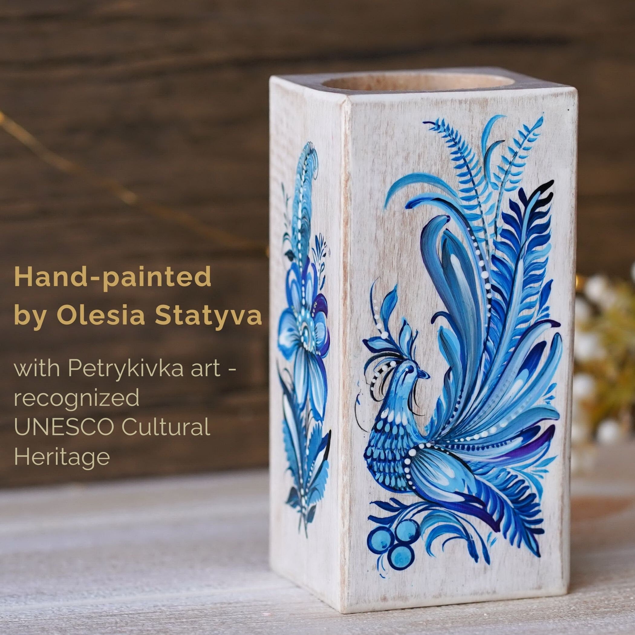 Painted Wooden Vase 5.1 in - Personalized Blue Fairy Bird Vase, Handmade Ukrainian Folk Art Petrykivka Vase, Small Vase for Dried Flowers