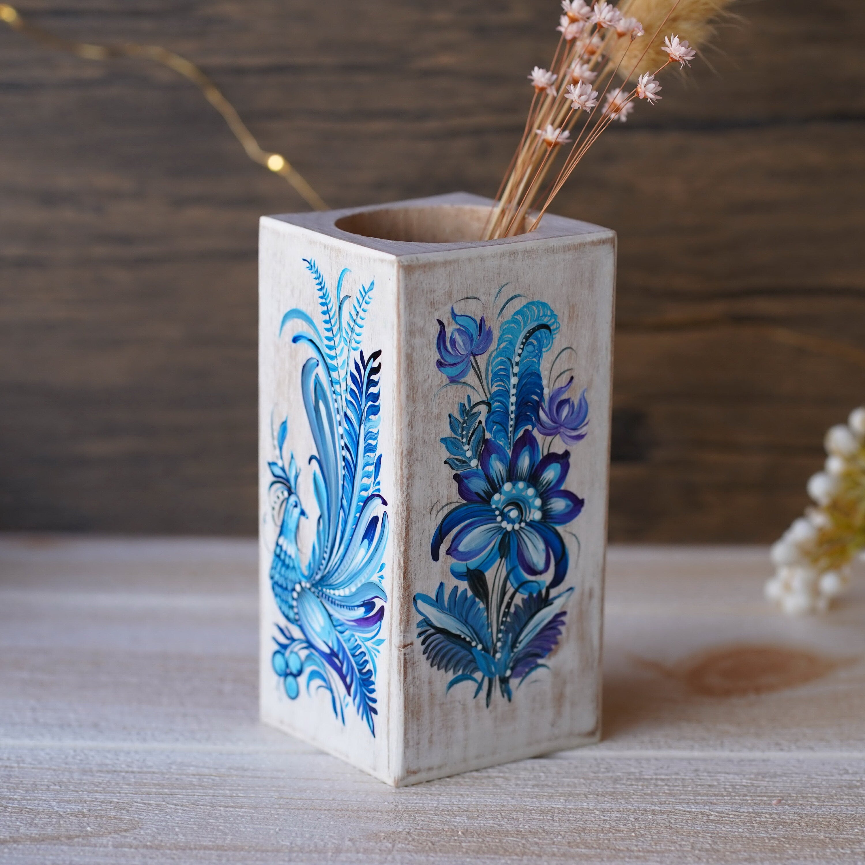 Painted Wooden Vase 5.1 in - Personalized Blue Fairy Bird Vase, Handmade Ukrainian Folk Art Petrykivka Vase, Small Vase for Dried Flowers