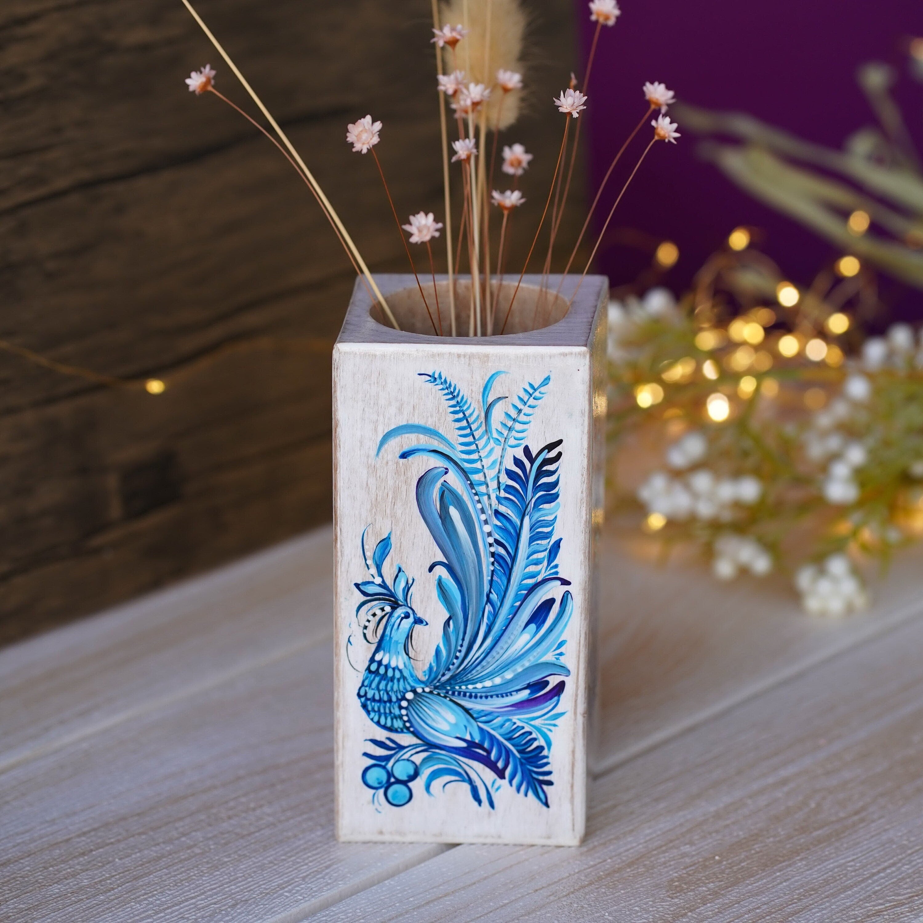 handmade blue flower vase wooden