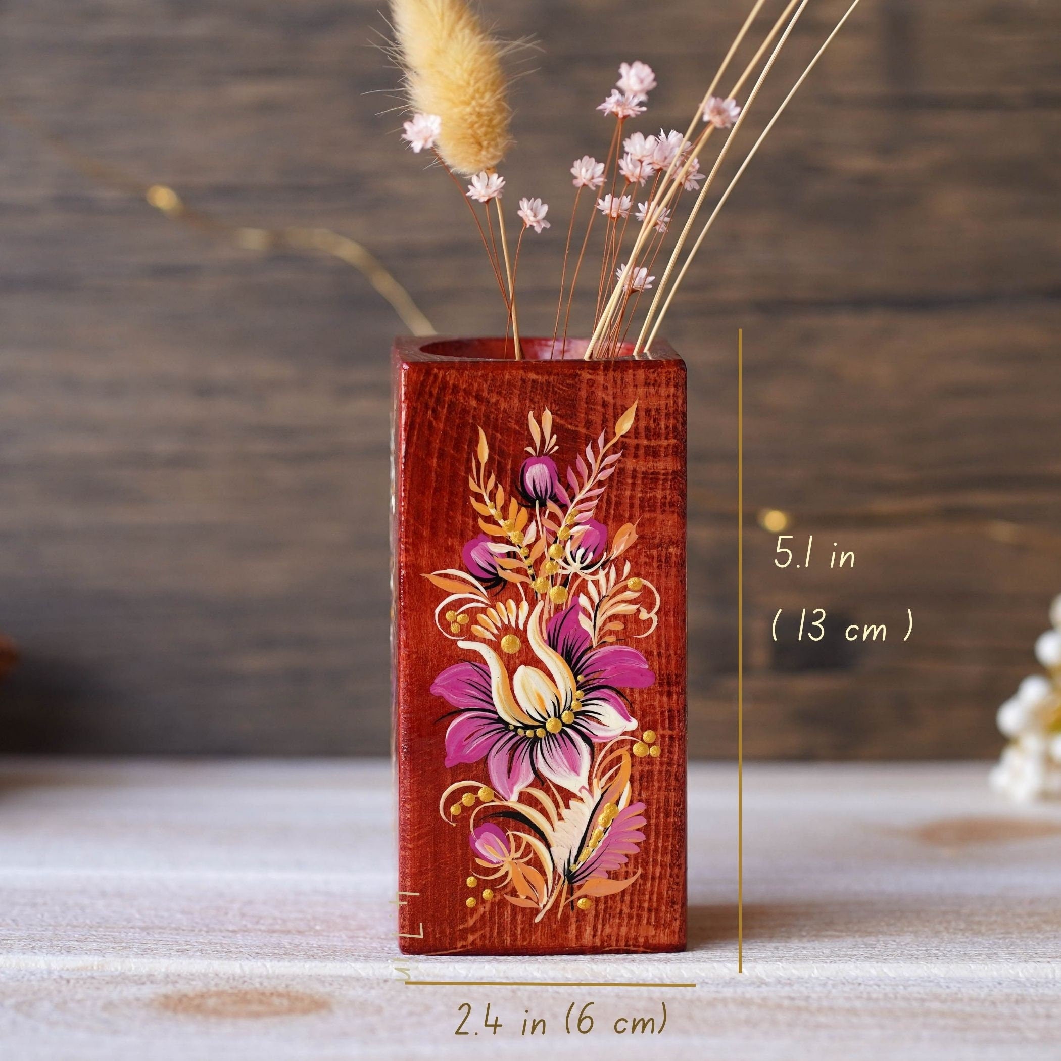 Personalized Painted Wooden Vase 5.1 in - Custom Burgundy Flower Vase, Handmade Ukrainian Petrykivka Art Vase, Small Vase for Dried Flowers