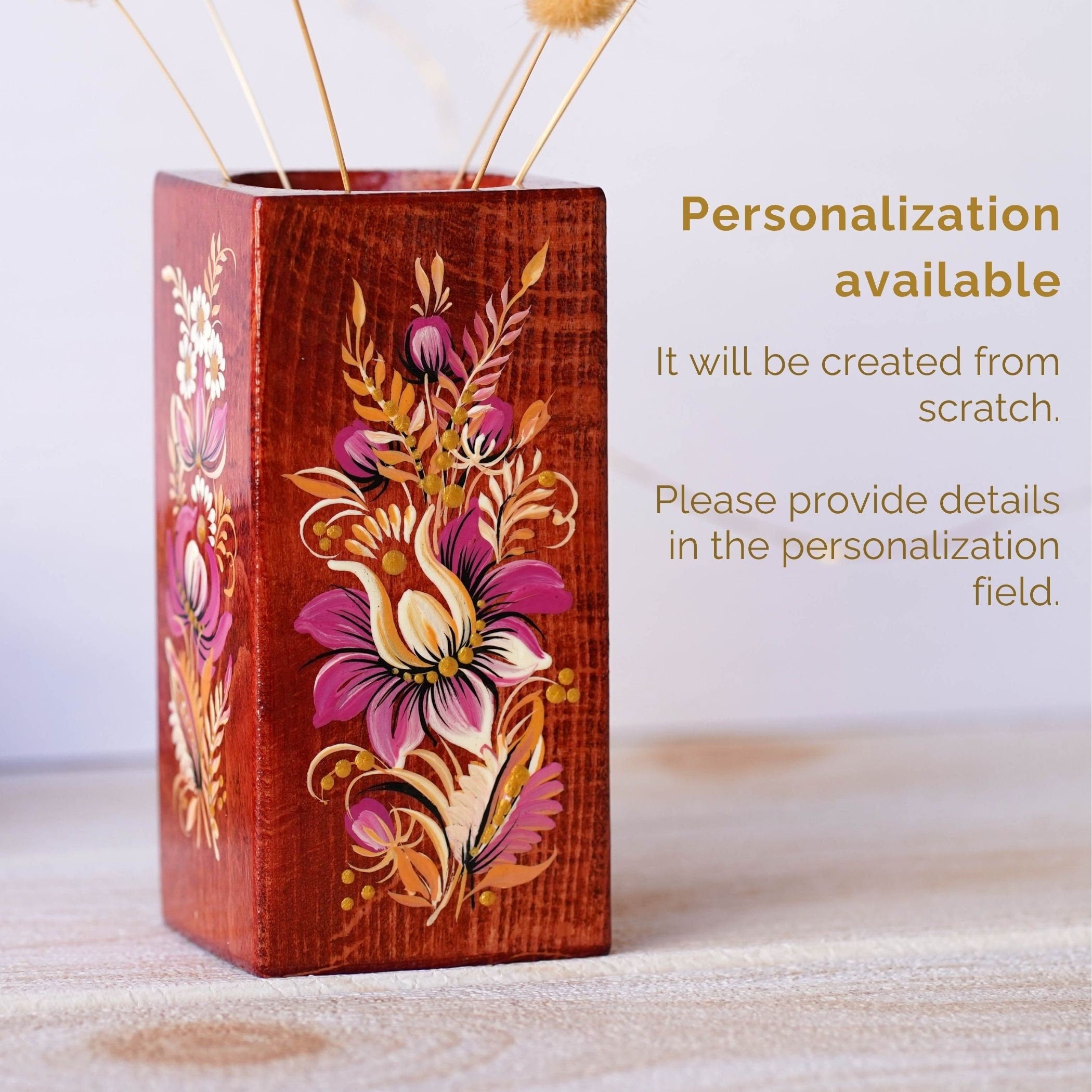 Personalized Painted Wooden Vase 5.1 in - Custom Burgundy Flower Vase, Handmade Ukrainian Petrykivka Art Vase, Small Vase for Dried Flowers