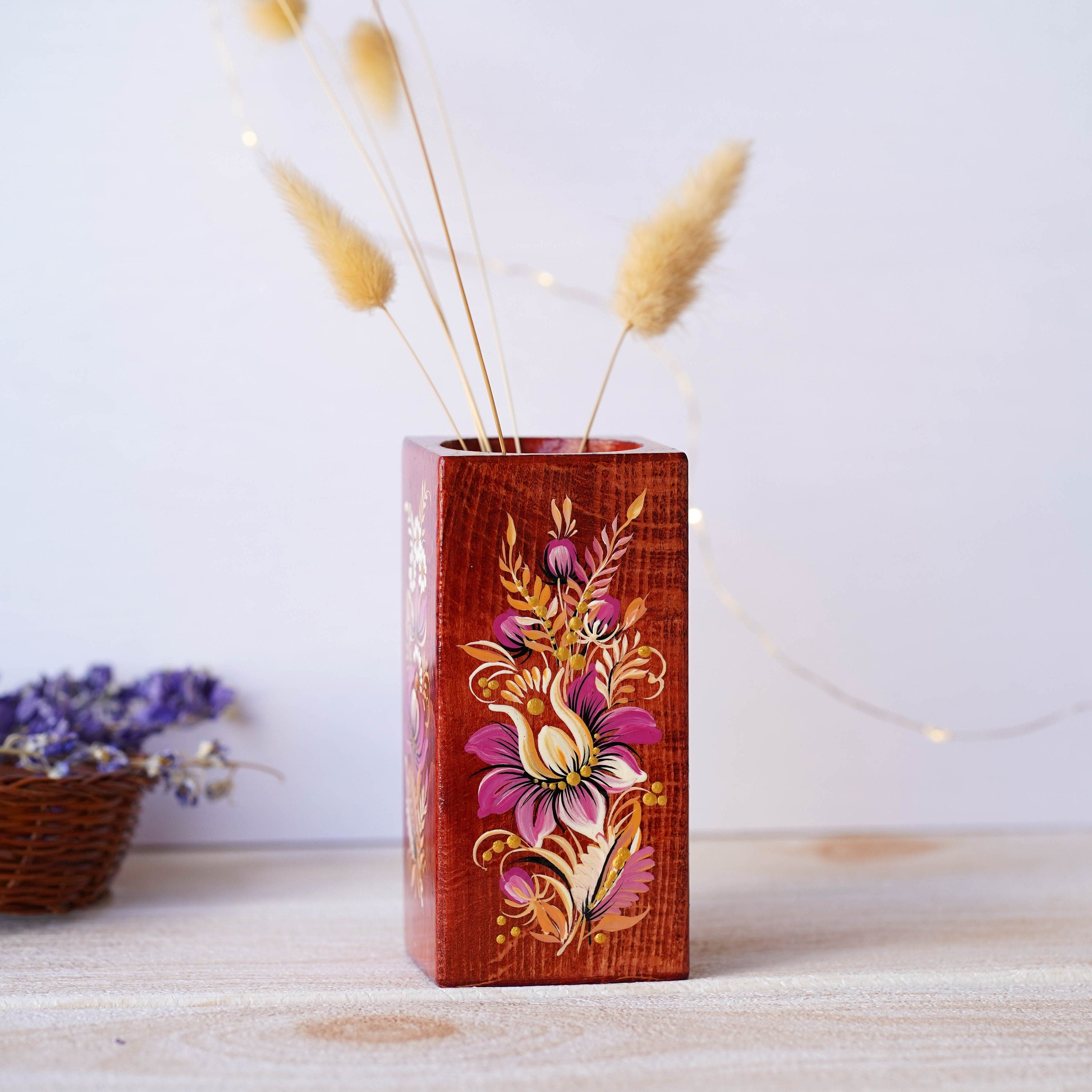 Personalized Painted Wooden Vase 5.1 in - Custom Burgundy Flower Vase, Handmade Ukrainian Petrykivka Art Vase, Small Vase for Dried Flowers