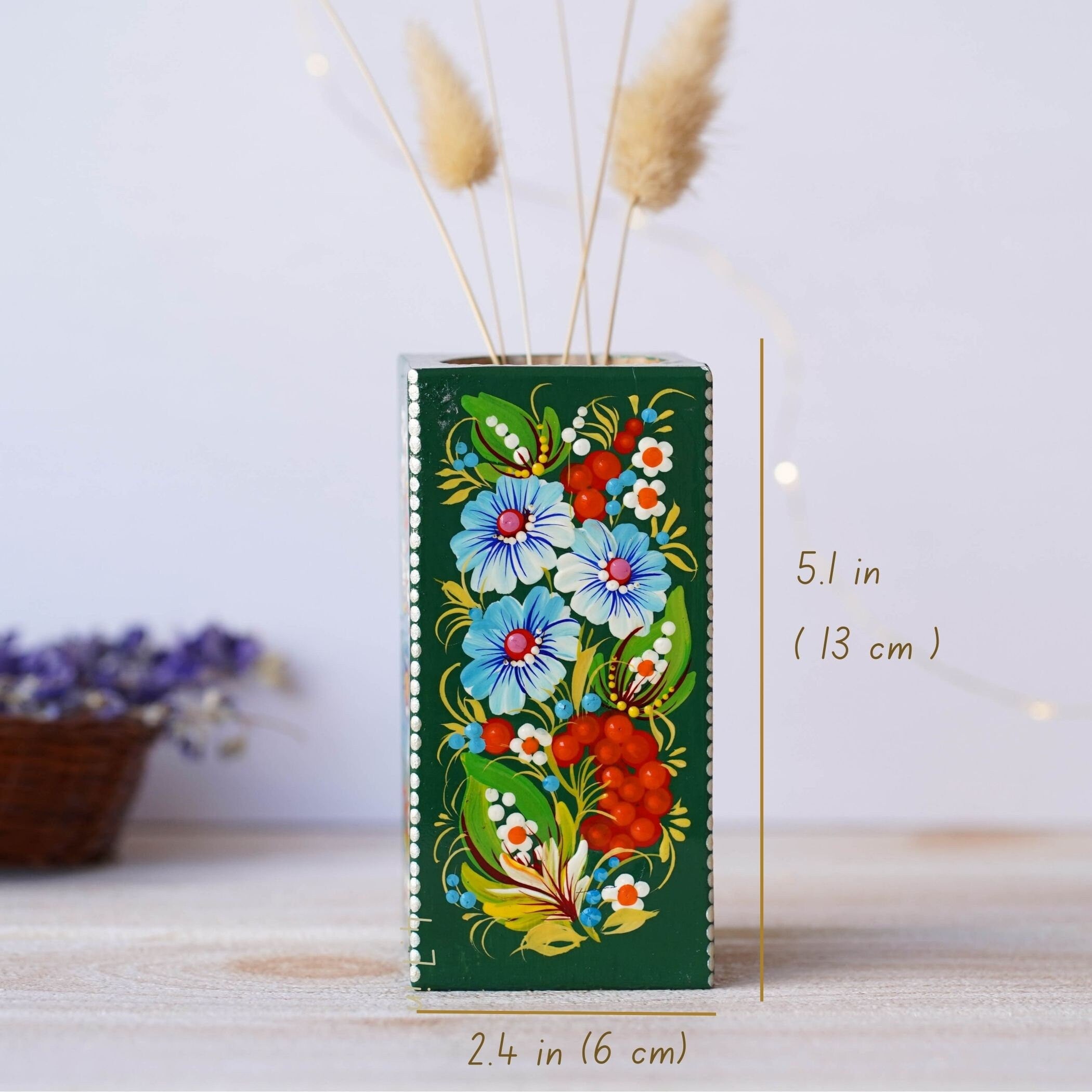 Painted Wooden Vase 5.1 in - Personalized Emerald Green Flower Vase, Handmade Ukrainian Petrykivka Art Vase, Small Vase for Dried Flowers