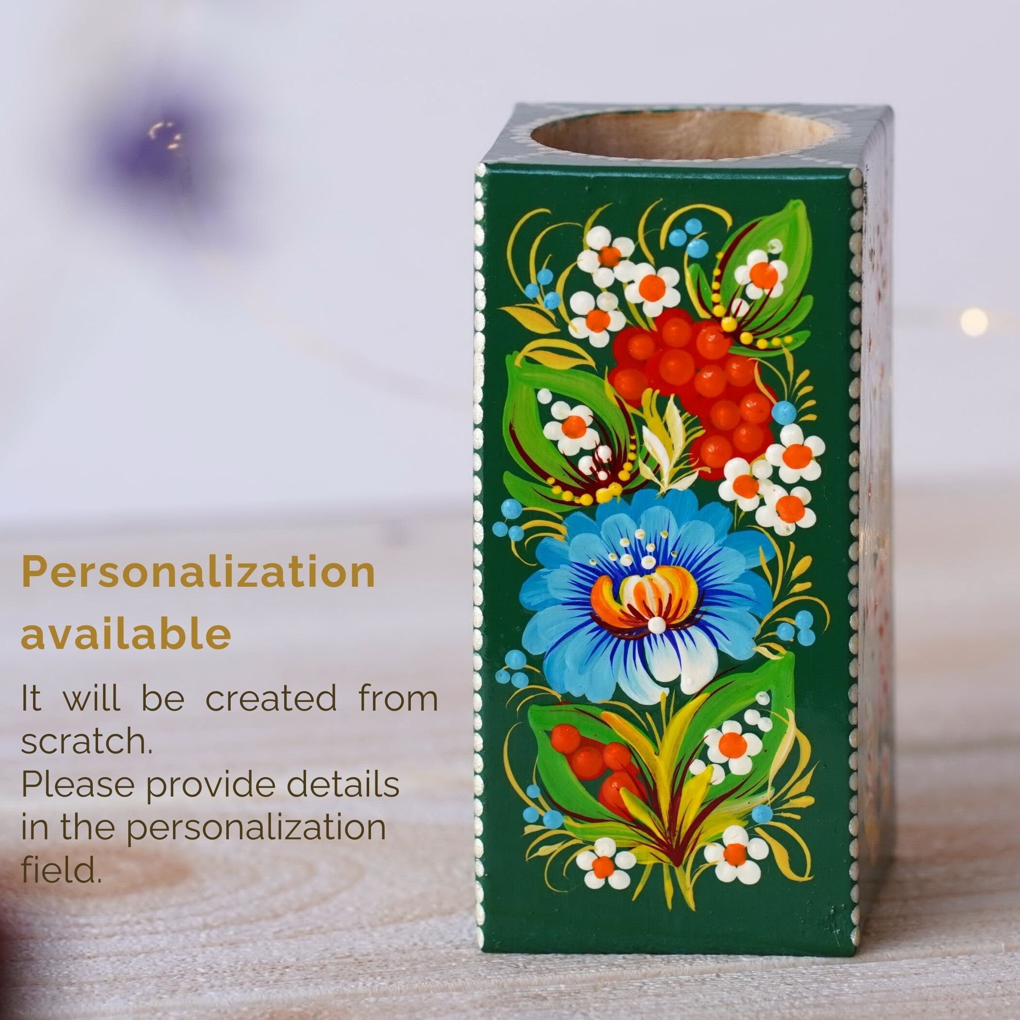 Painted Wooden Vase 5.1 in - Personalized Emerald Green Flower Vase, Handmade Ukrainian Petrykivka Art Vase, Small Vase for Dried Flowers