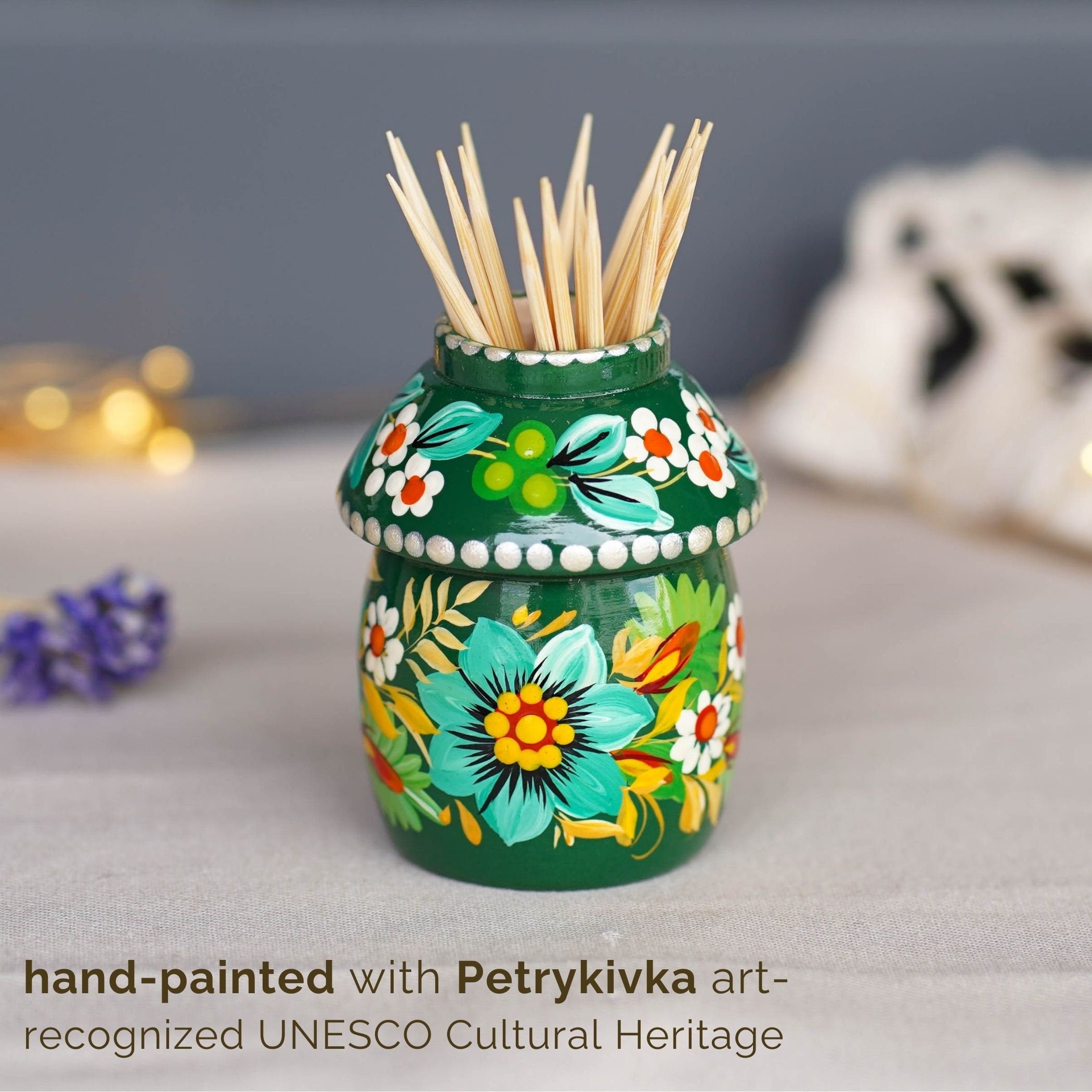 Toothpick Holder - Hand-painted Wooden Emerald Green Flower Toothpick Holder, Ukrainian Petrykivka Housewarming Gift, Handmade Table Decor