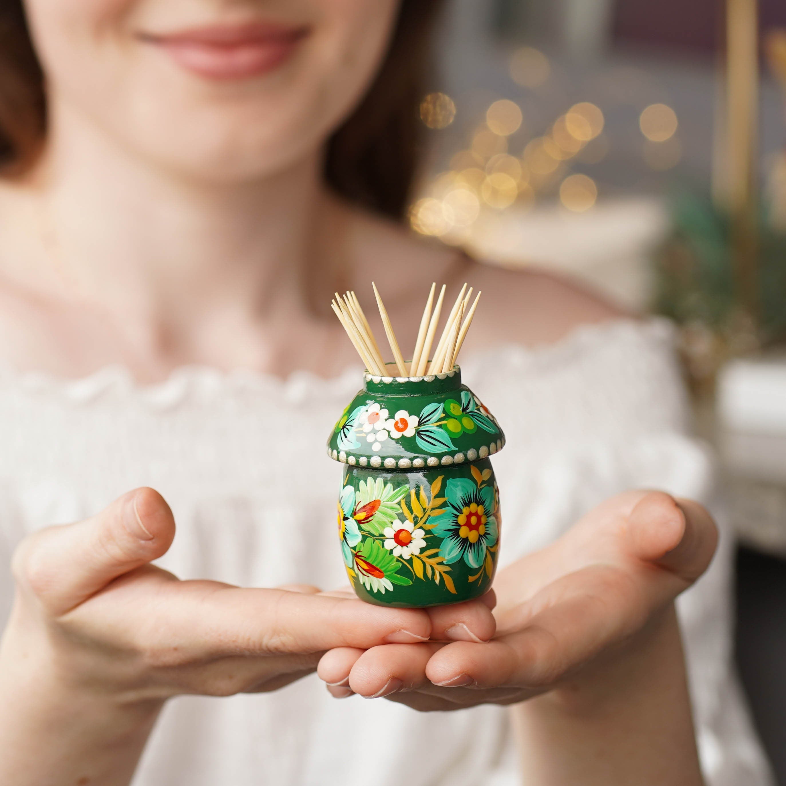 Toothpick Holder - Hand-painted Wooden Emerald Green Flower Toothpick Holder, Ukrainian Petrykivka Housewarming Gift, Handmade Table Decor