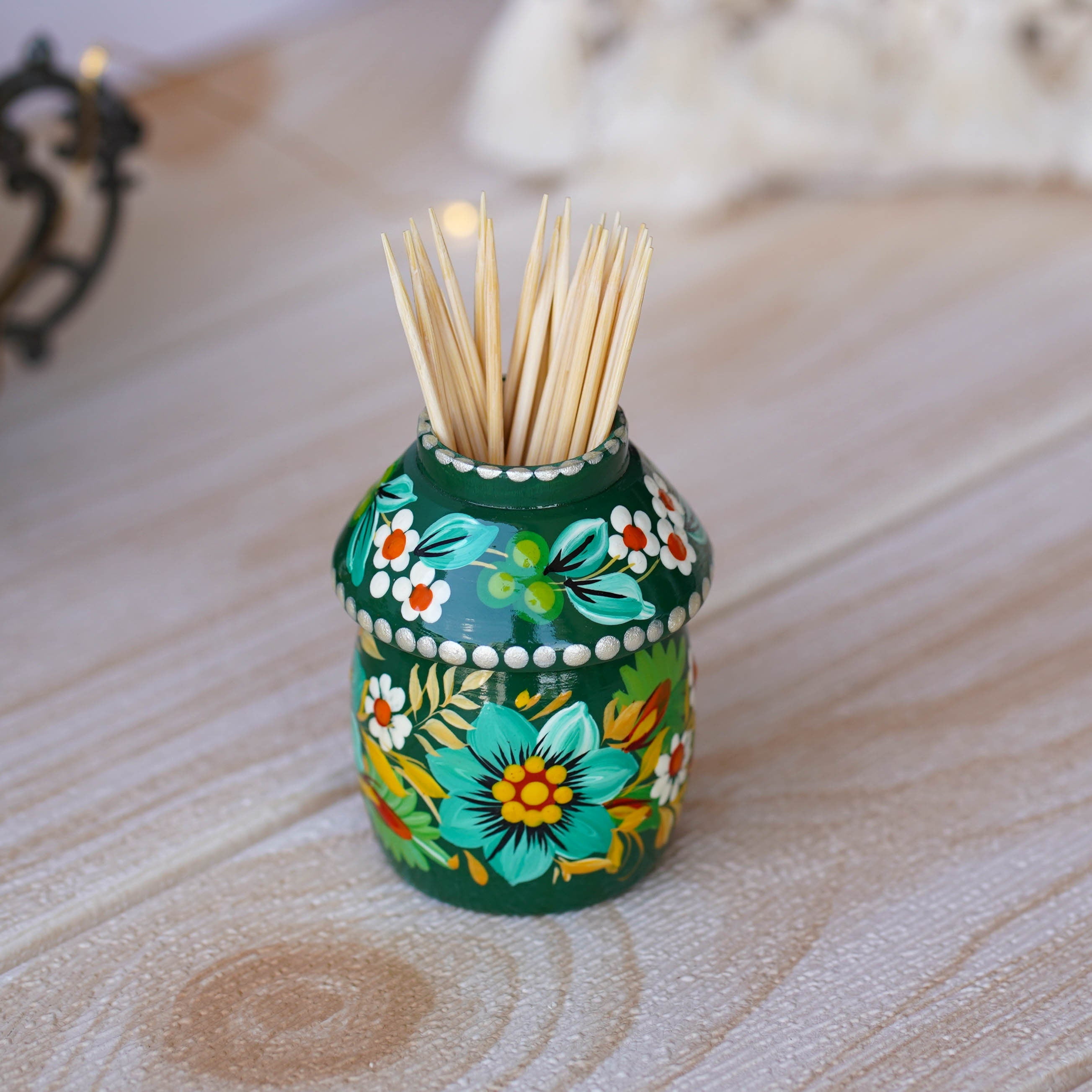 Toothpick Holder - Hand-painted Wooden Emerald Green Flower Toothpick Holder, Ukrainian Petrykivka Housewarming Gift, Handmade Table Decor