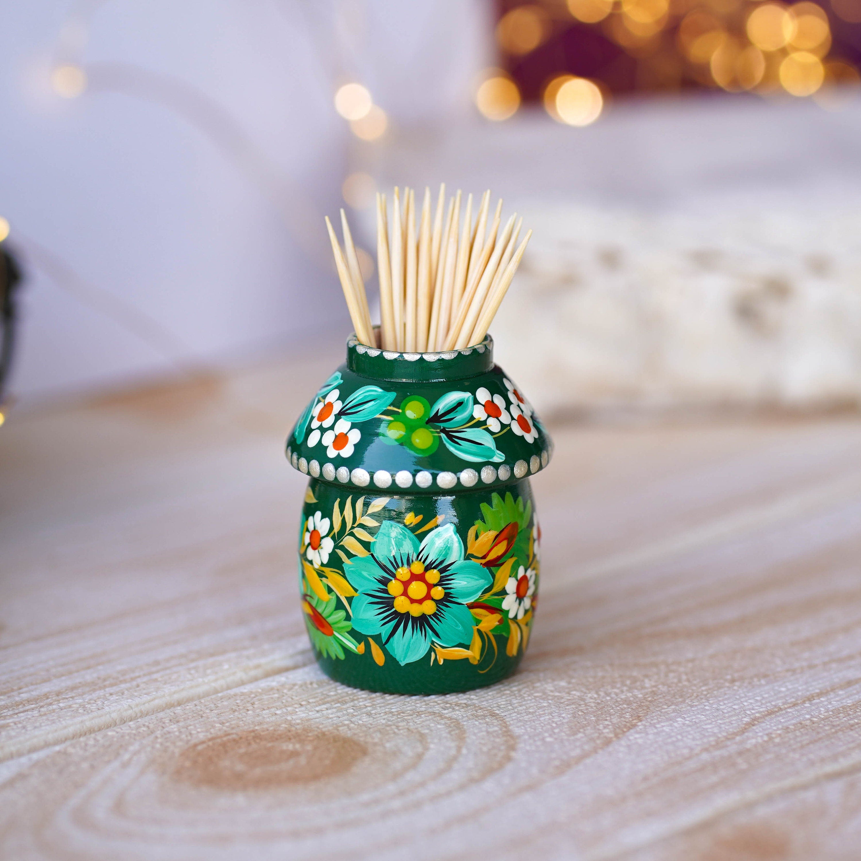 Toothpick Holder - Hand-painted Wooden Emerald Green Flower Toothpick Holder, Ukrainian Petrykivka Housewarming Gift, Handmade Table Decor