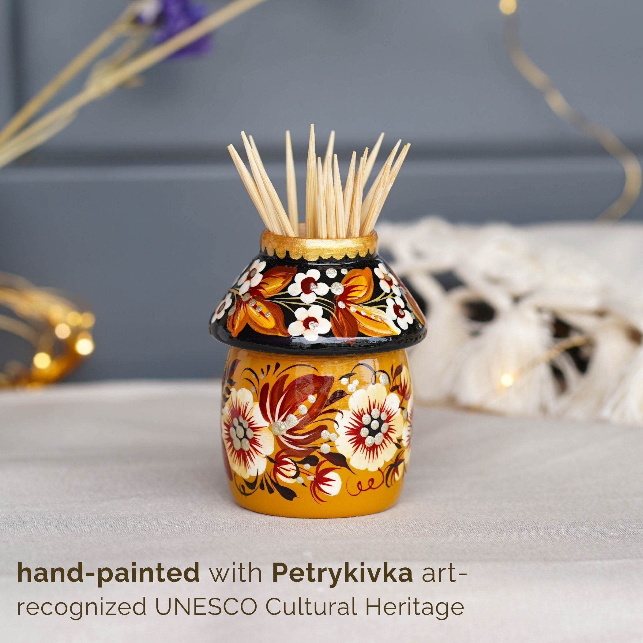 Toothpick Holder - Hand-painted Wooden Beige Flower Toothpick Holder, Ukrainian Petrykivka Housewarming Gift