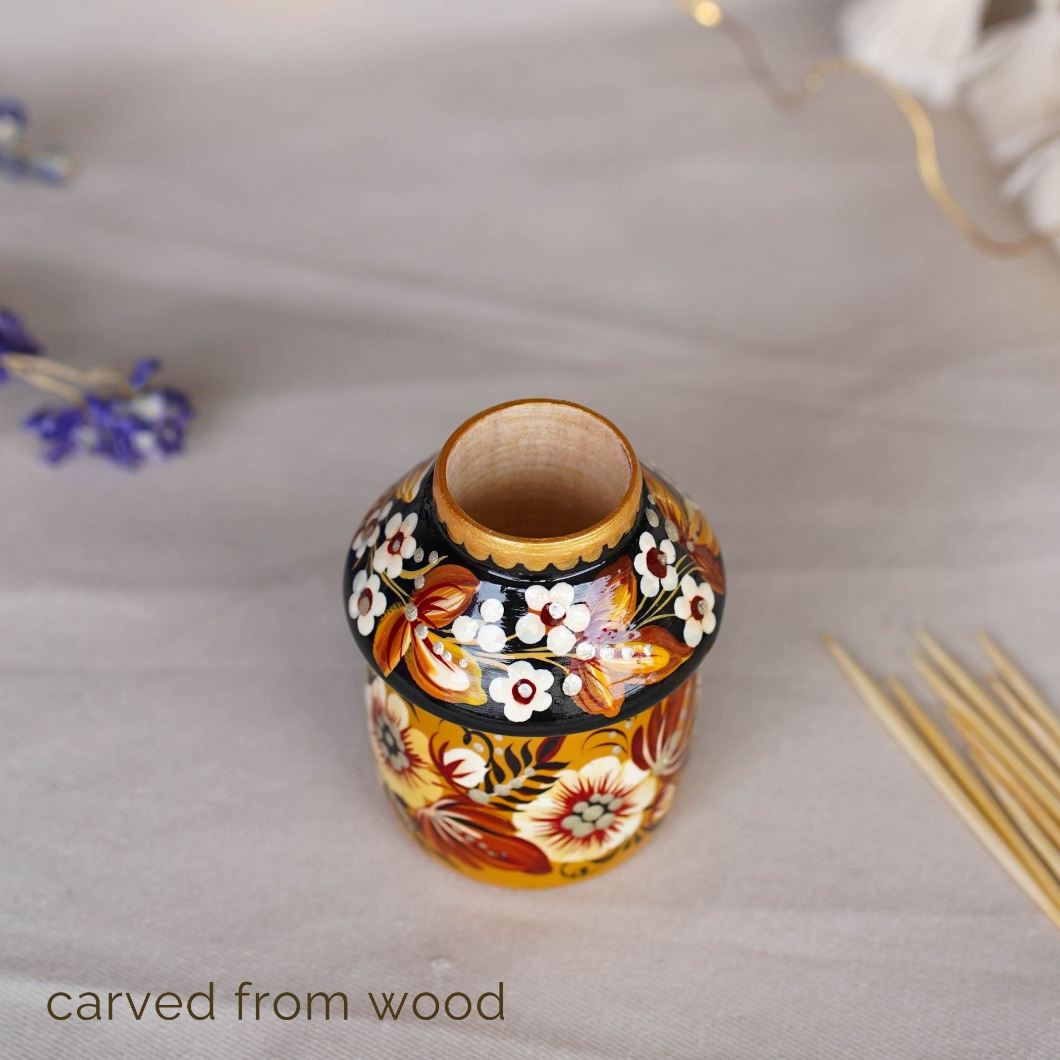 Toothpick Holder - Hand-painted Wooden Beige Flower Toothpick Holder, Ukrainian Petrykivka Housewarming Gift