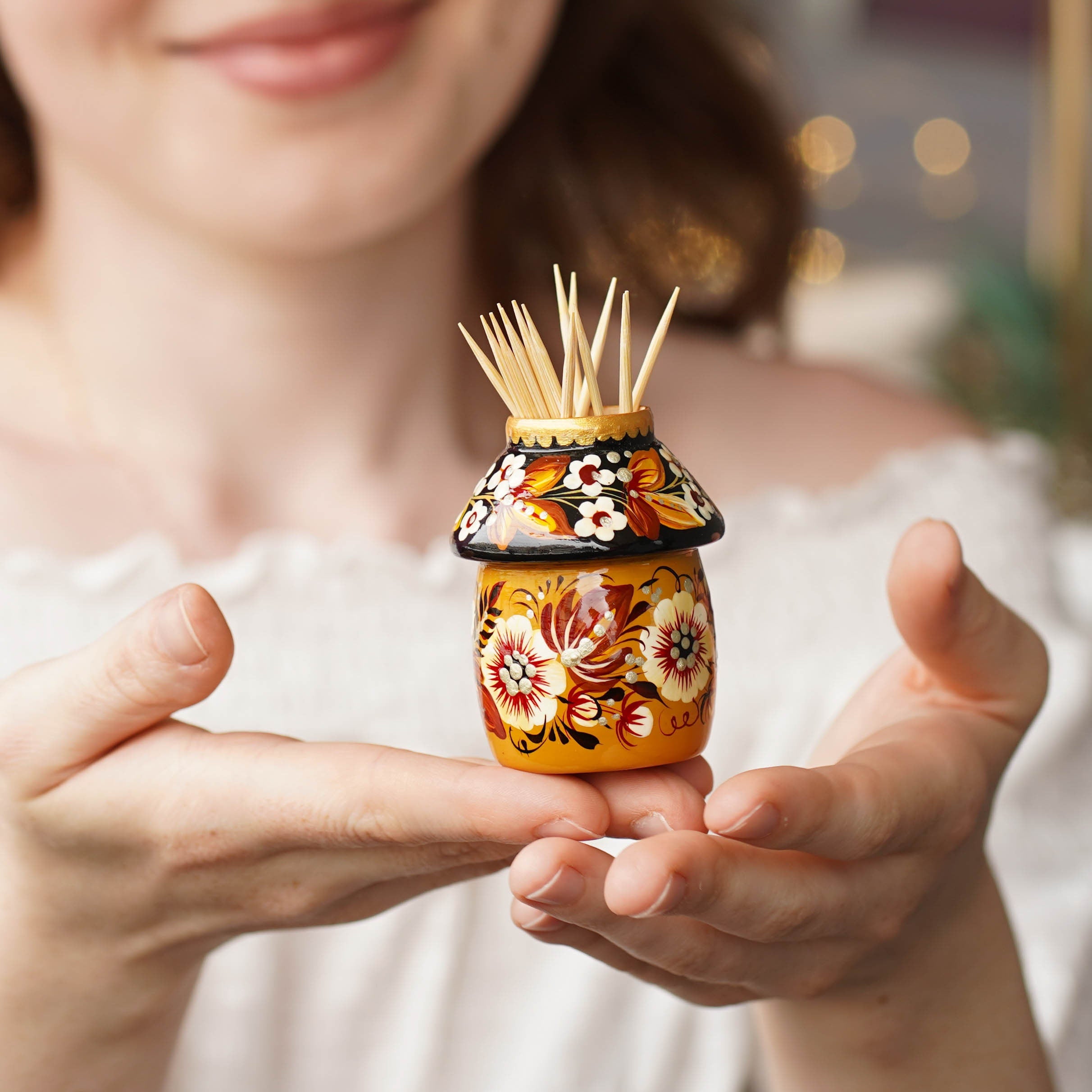 Toothpick Holder - Hand-painted Wooden Beige Flower Toothpick Holder, Ukrainian Petrykivka Housewarming Gift