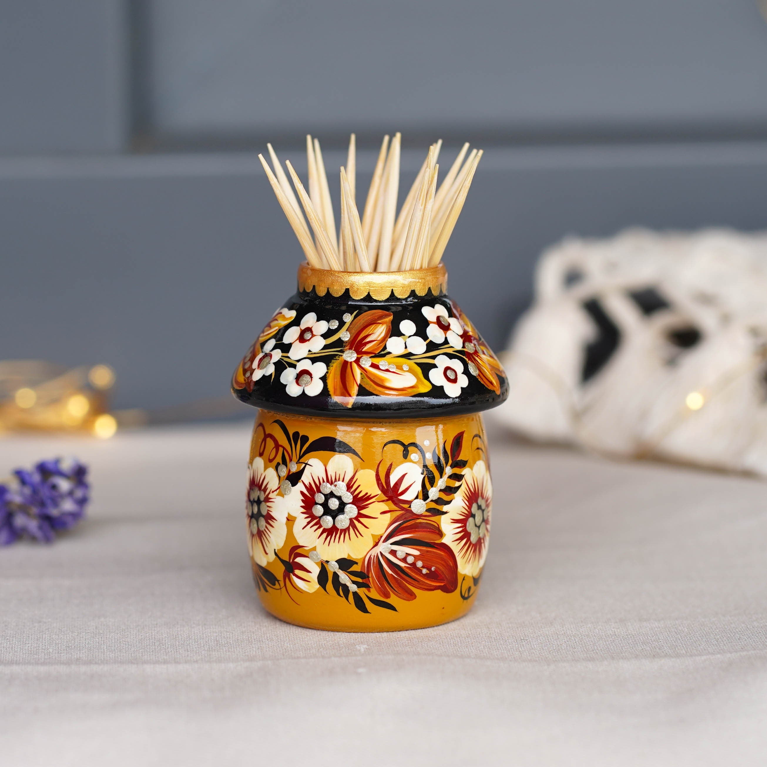 Toothpick Holder - Hand-painted Wooden Beige Flower Toothpick Holder, Ukrainian Petrykivka Housewarming Gift