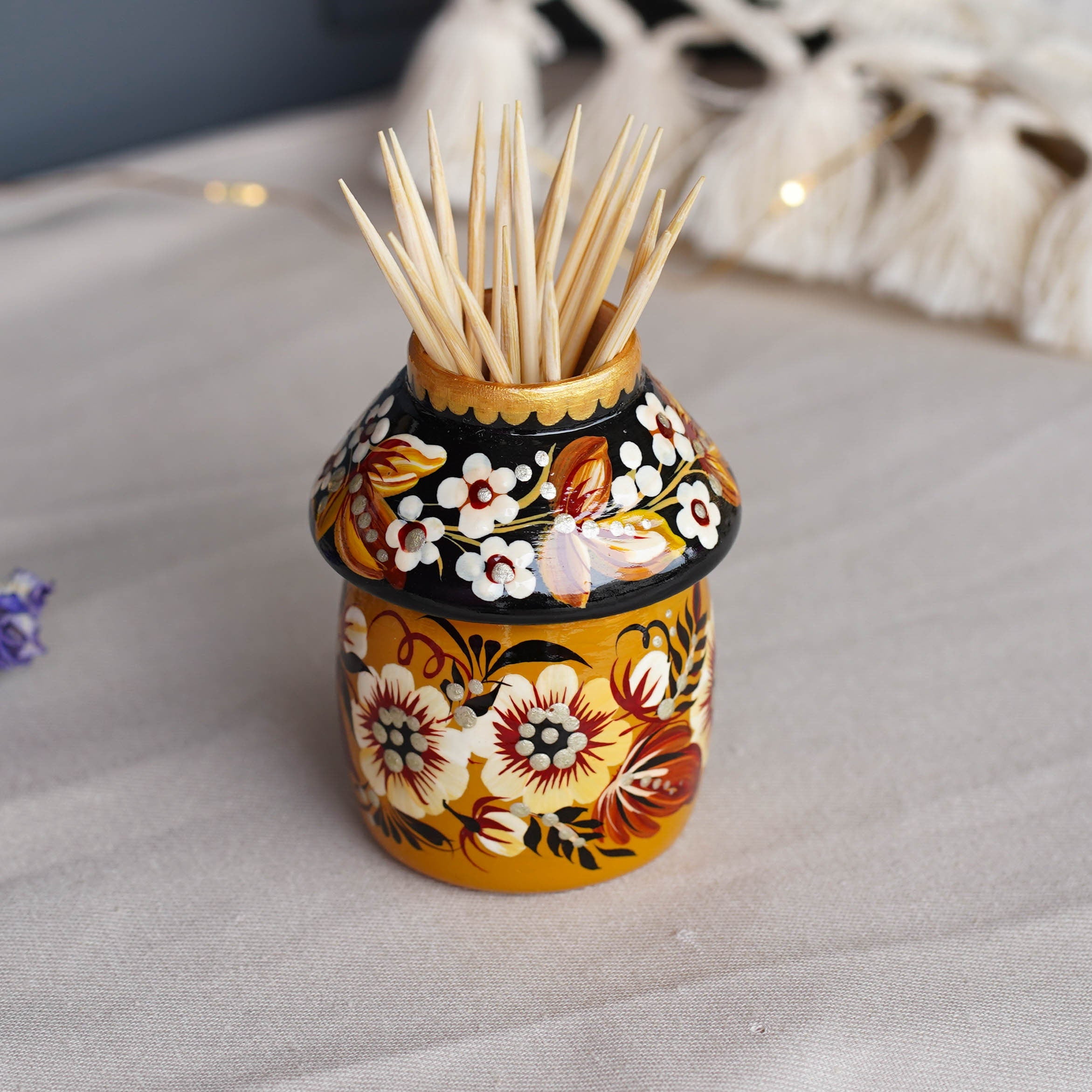 Toothpick Holder - Hand-painted Wooden Beige Flower Toothpick Holder, Ukrainian Petrykivka Housewarming Gift