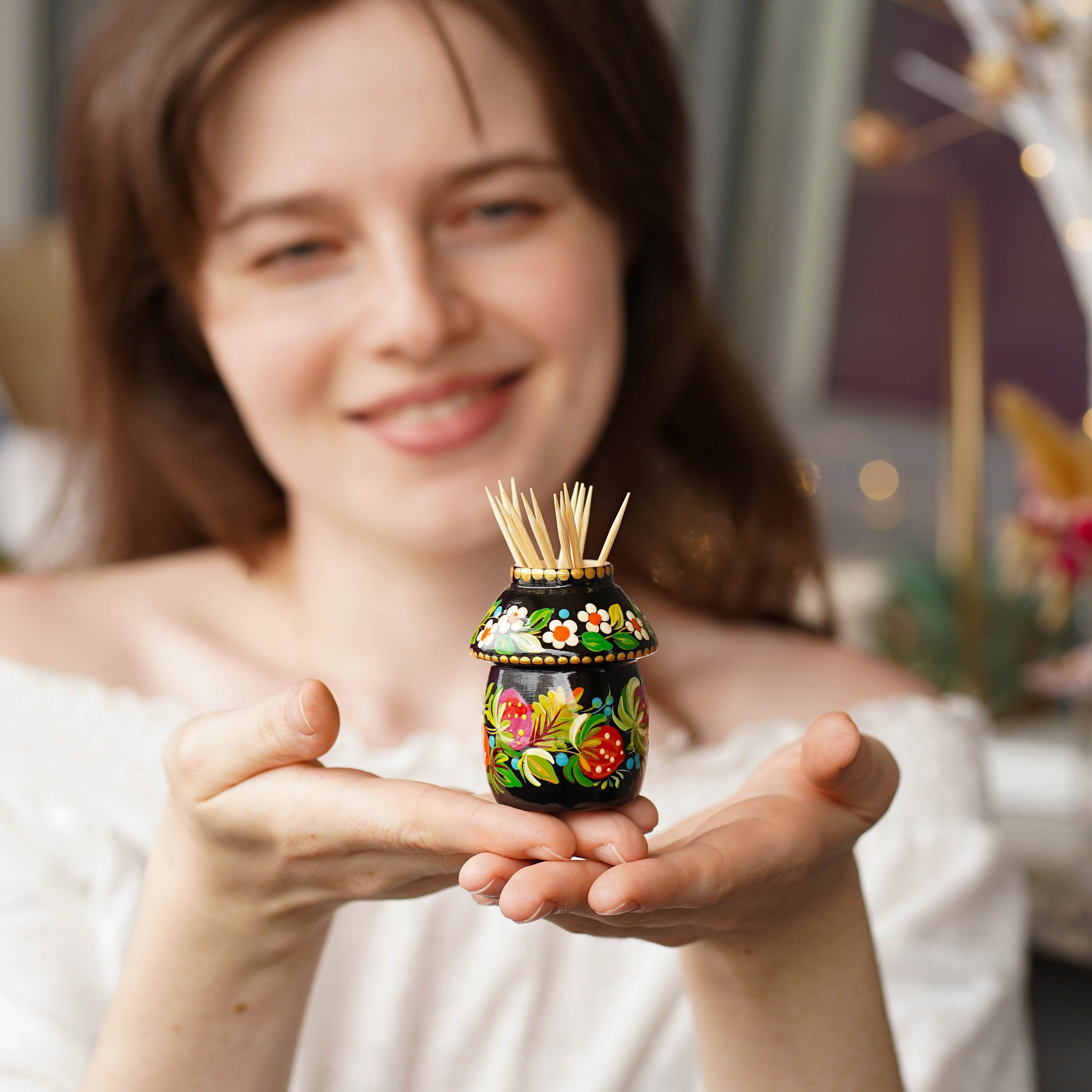 Toothpick Holder - Hand-painted Wooden Strawberry Toothpick Holder, Ukrainian Petrykivka Housewarming Gift, Handmade Table Decor