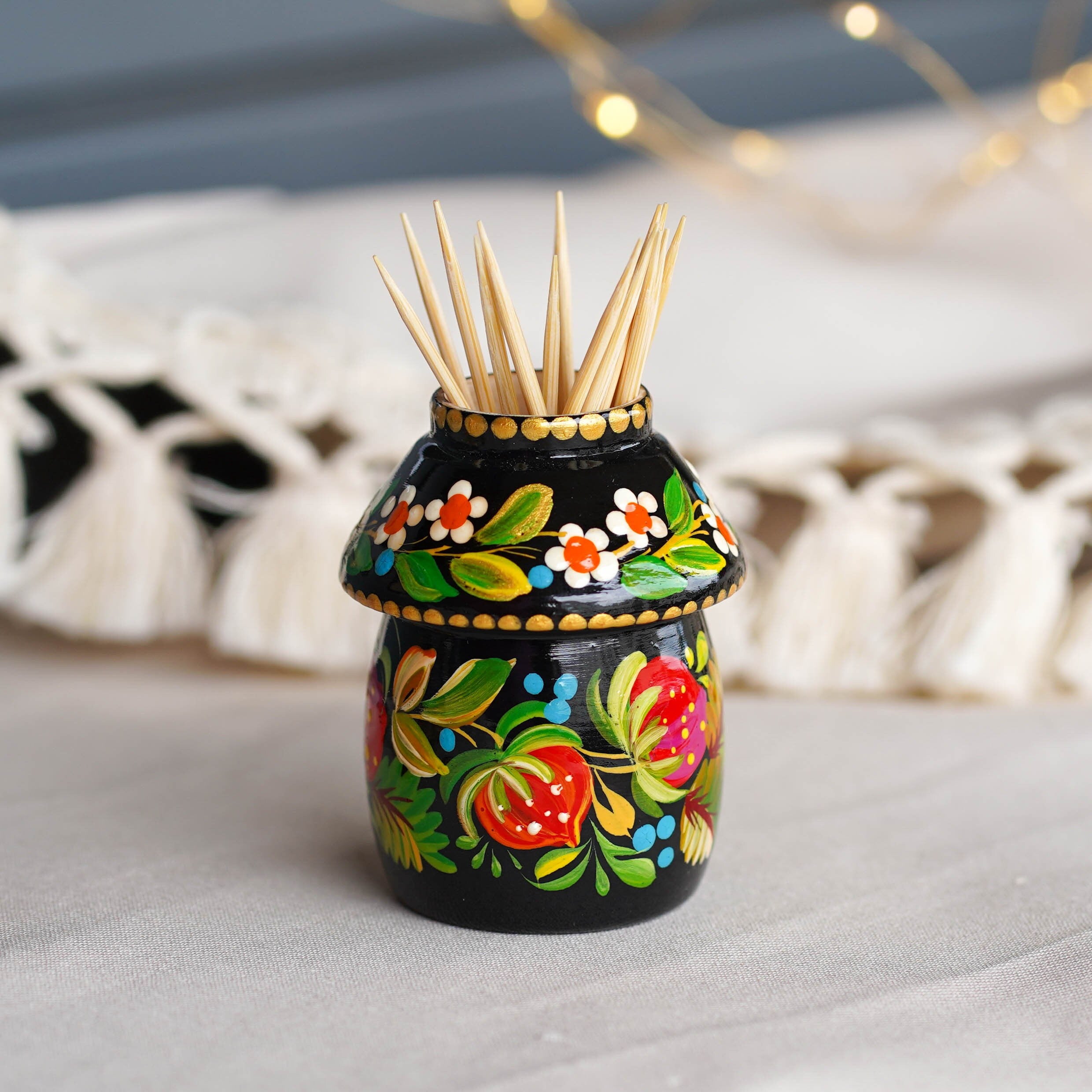 Toothpick Holder - Hand-painted Wooden Strawberry Toothpick Holder, Ukrainian Petrykivka Housewarming Gift, Handmade Table Decor