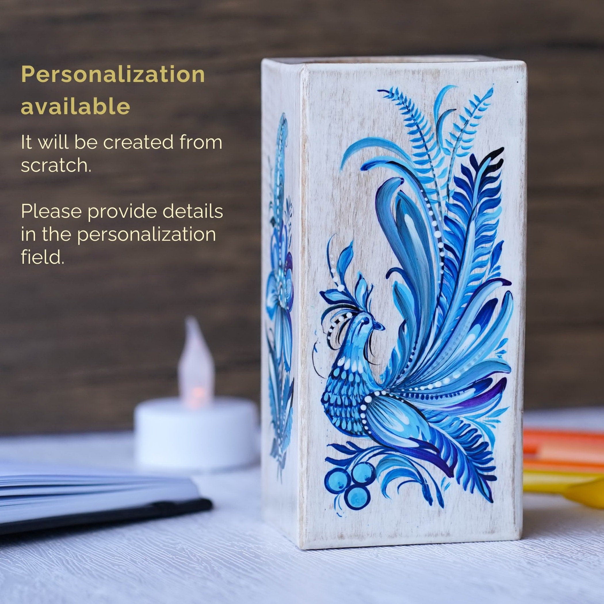 Painted Wooden Pencil Holder - Handmade Blue Fairy Bird Pen Holder, Ukrainian Petrykivka Art Desk Accessories, Wooden Pencil Cup