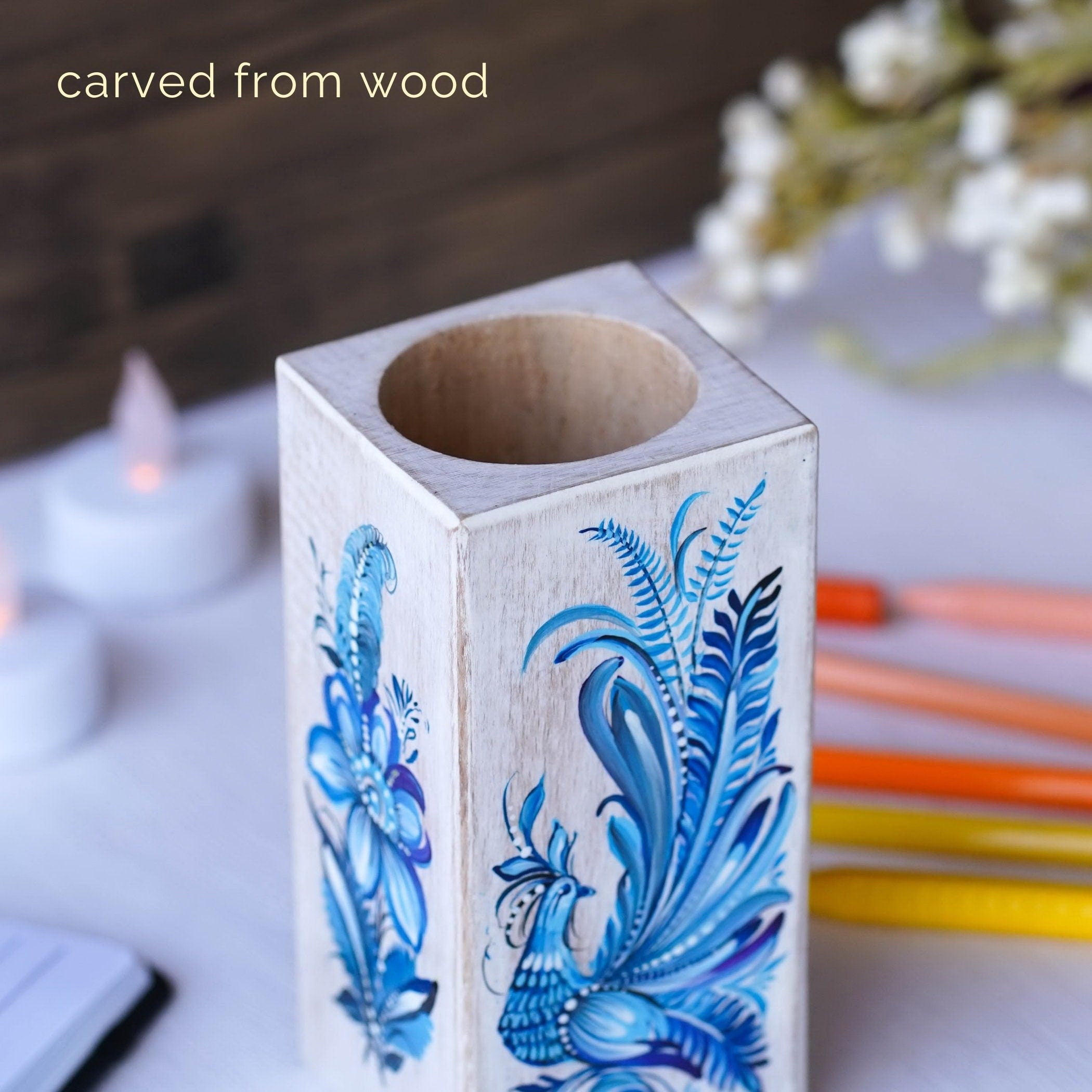 Painted Wooden Pencil Holder - Handmade Blue Fairy Bird Pen Holder, Ukrainian Petrykivka Art Desk Accessories, Wooden Pencil Cup