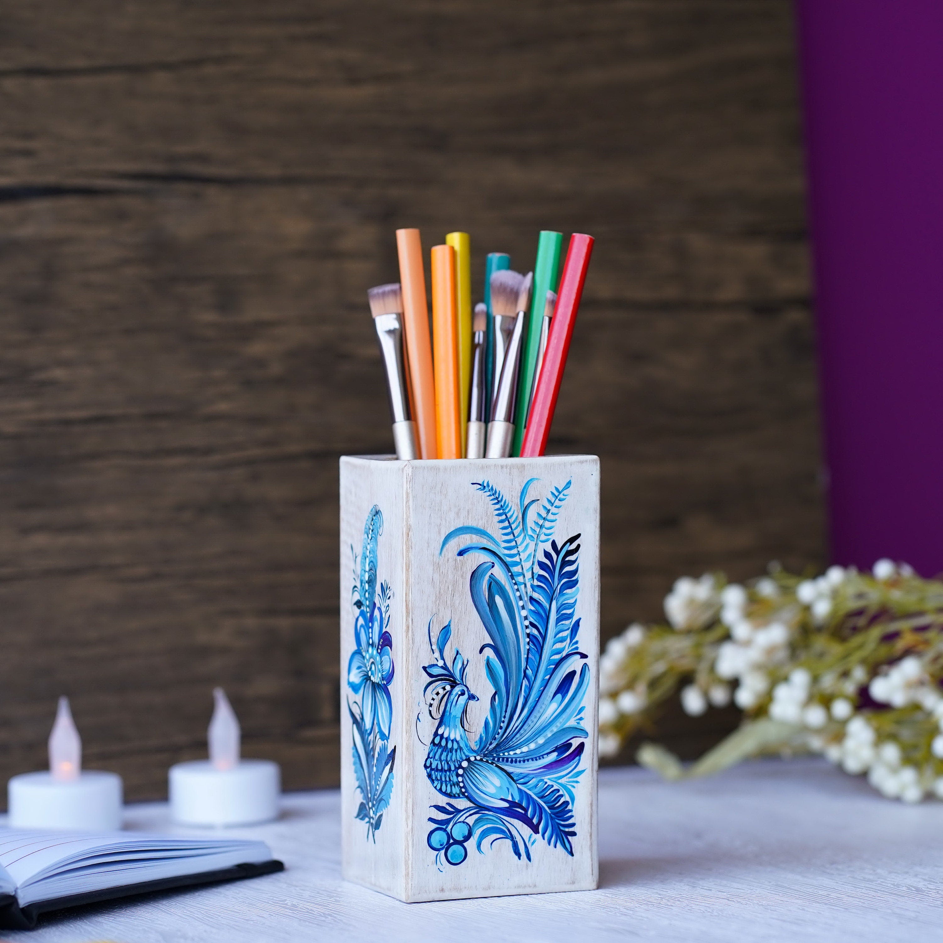 Painted Wooden Pencil Holder - Handmade Blue Fairy Bird Pen Holder, Ukrainian Petrykivka Art Desk Accessories, Wooden Pencil Cup