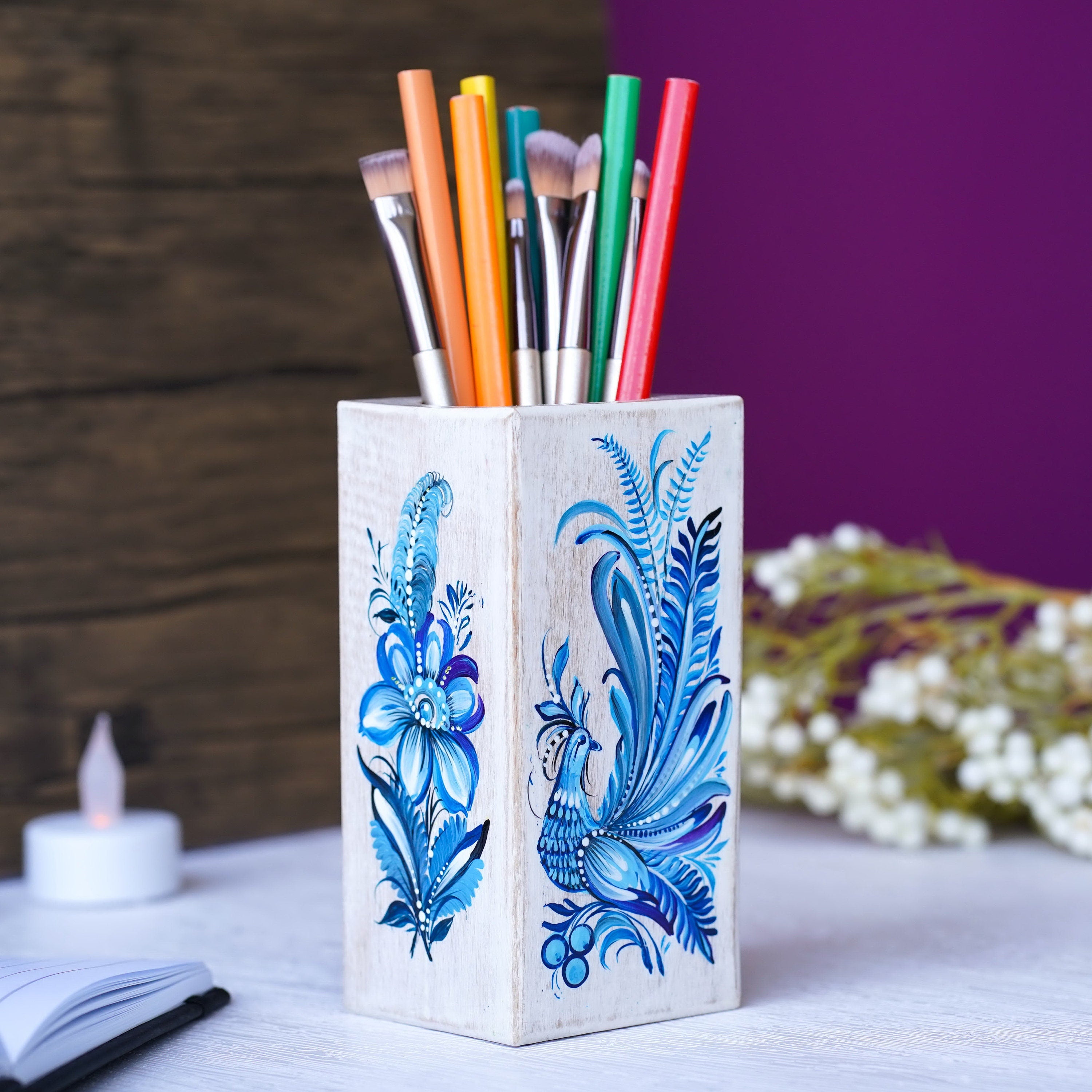 Painted Wooden Pencil Holder - Handmade Blue Fairy Bird Pen Holder, Ukrainian Petrykivka Art Desk Accessories, Wooden Pencil Cup