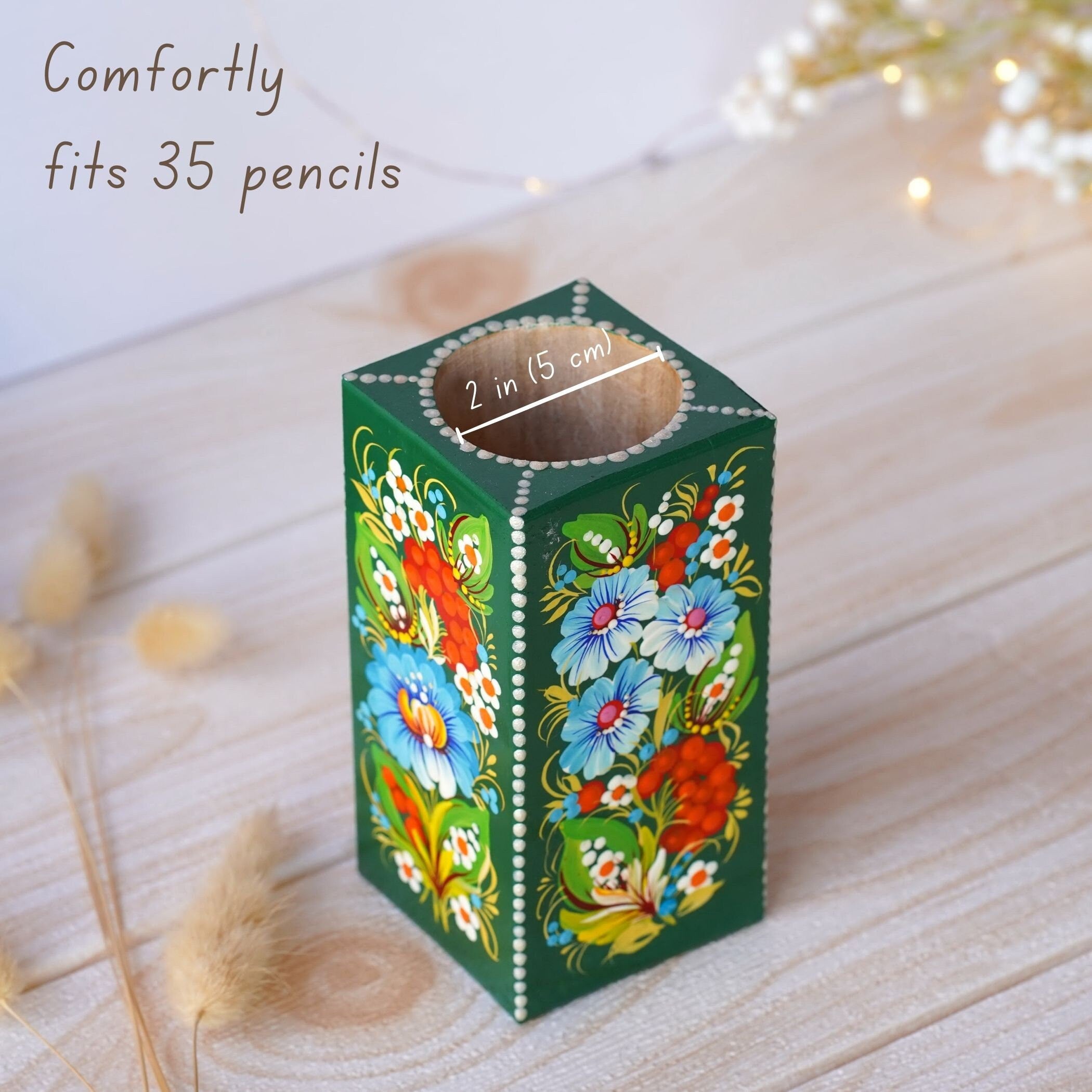 Wooden Pencil Holder - Handmade Pen Holder Emerald Green, Hand-painted Ukrainian Petrykivka Art Desk Accessories, Wooden Pencil Cup