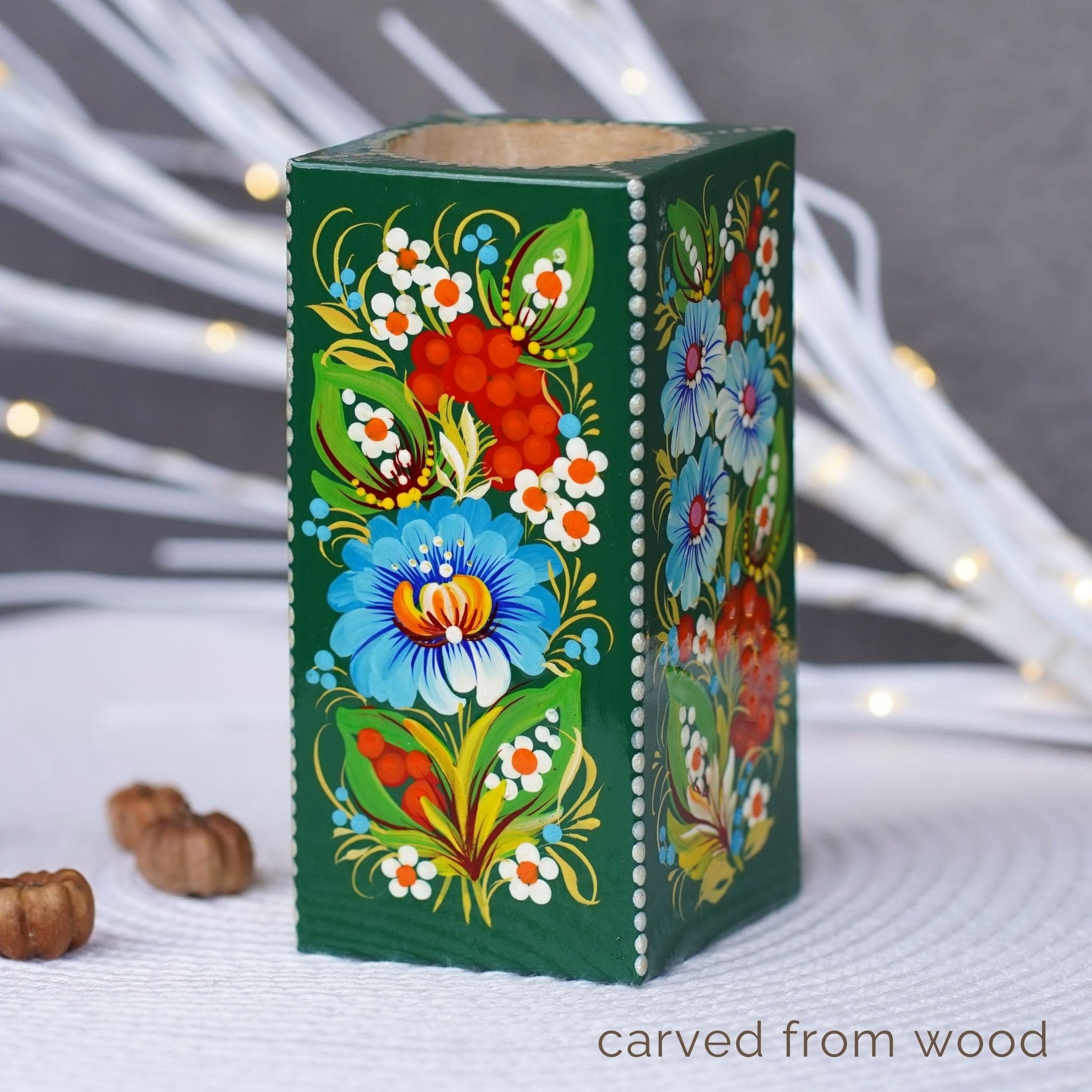 Wooden Pencil Holder - Handmade Pen Holder Emerald Green, Hand-painted Ukrainian Petrykivka Art Desk Accessories, Wooden Pencil Cup