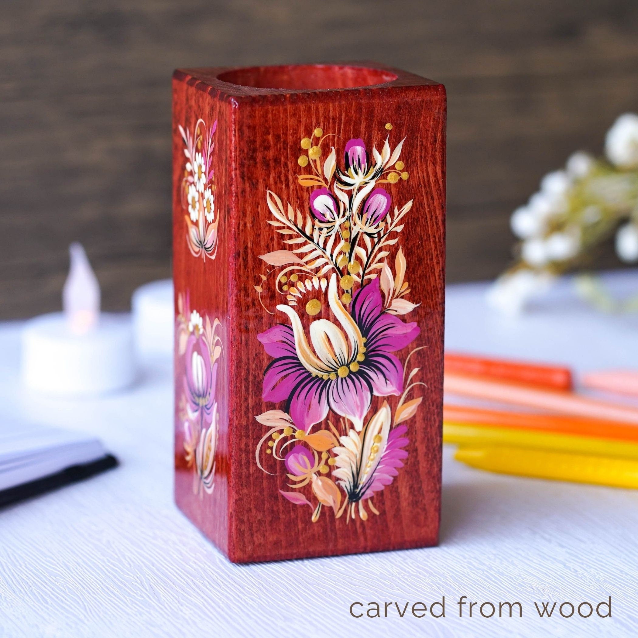 Personalized Wooden Pencil Holder - Handmade Pen Holder Pink Flower, Painted Ukrainian Petrykivka Art Desk Accessories, Wooden Pencil Cup