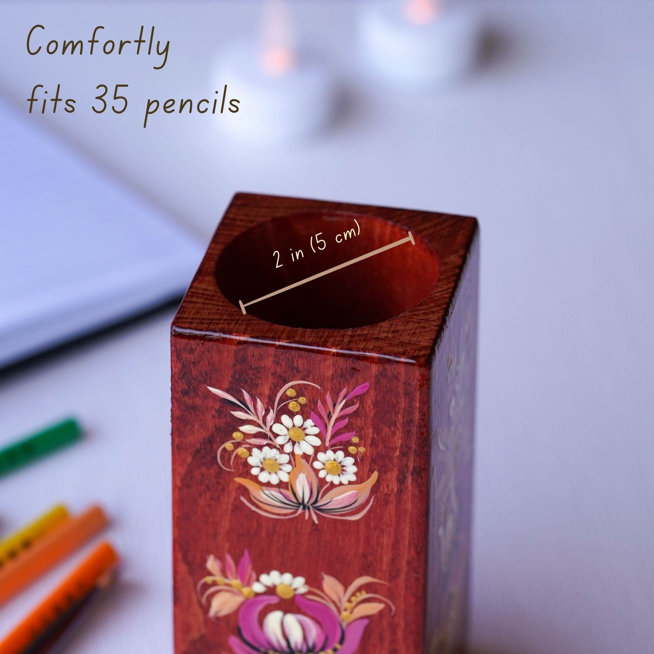 Personalized Wooden Pencil Holder - Handmade Pen Holder Pink Flower, Painted Ukrainian Petrykivka Art Desk Accessories, Wooden Pencil Cup