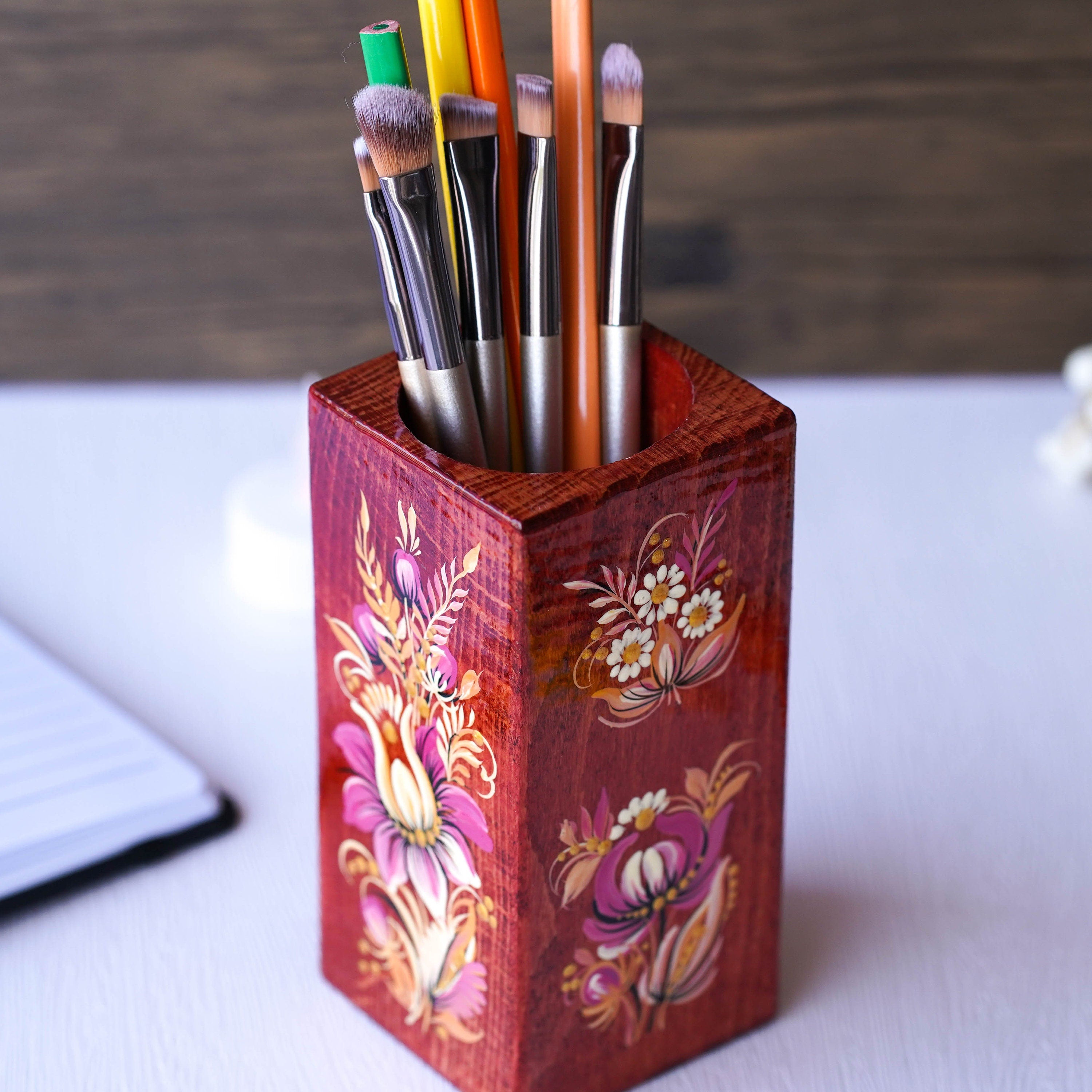 Personalized Wooden Pencil Holder - Handmade Pen Holder Pink Flower, Painted Ukrainian Petrykivka Art Desk Accessories, Wooden Pencil Cup